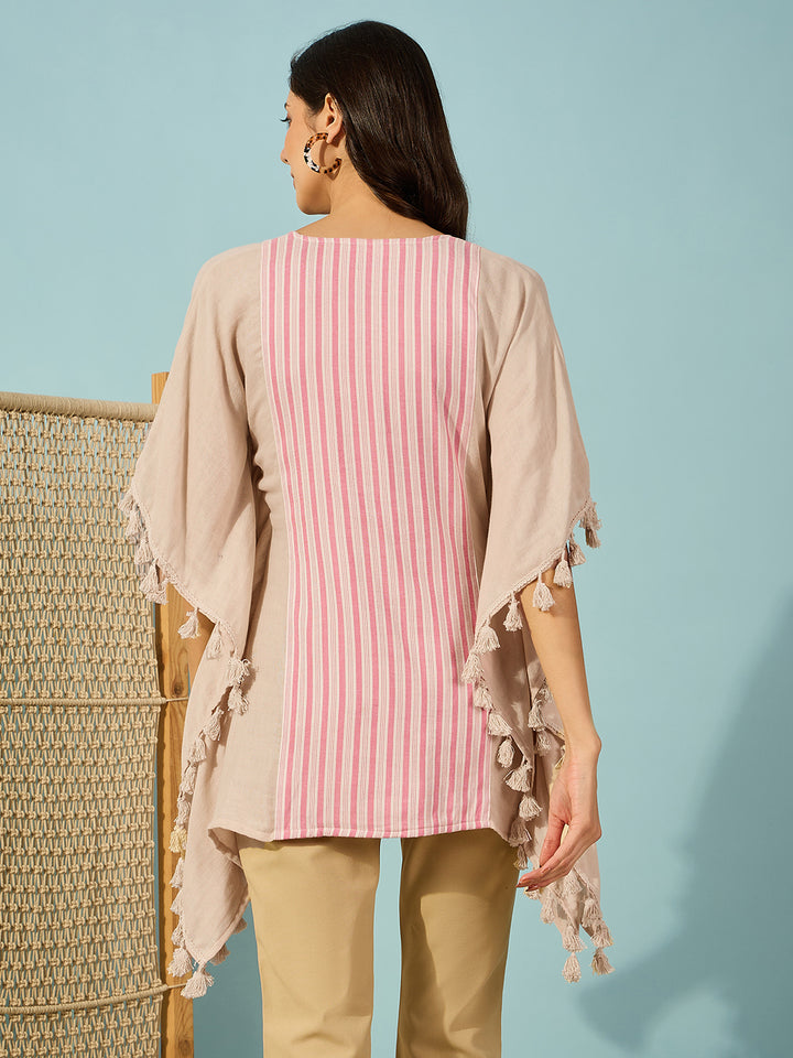 Women's Beige Cotton Stripes Kaftan