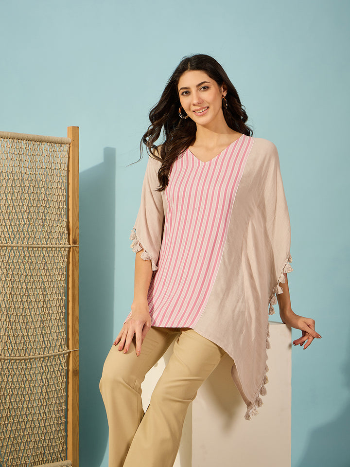 Women's Beige Cotton Stripes Kaftan