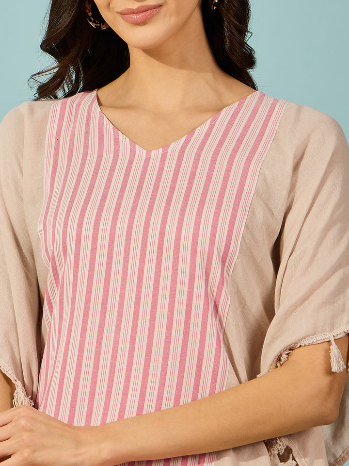 Women's Beige Cotton Stripes Kaftan