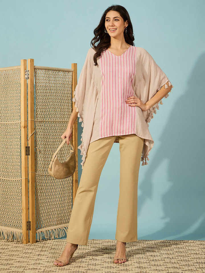 Women's Beige Cotton Stripes Kaftan
