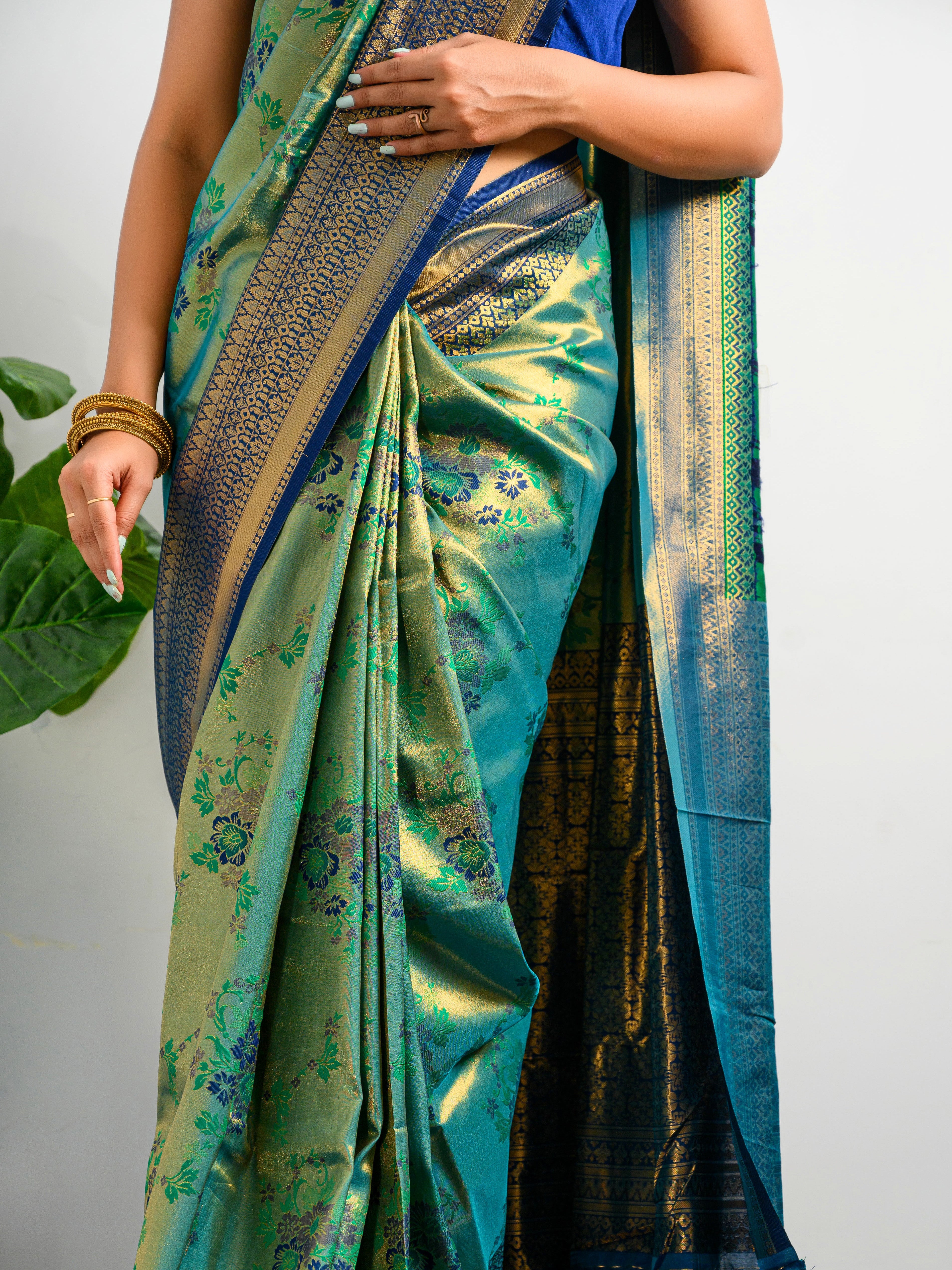 Women's Pure Kanjeevaram Meenakari Woven Saree Mustard Rama Green - TASARIKA