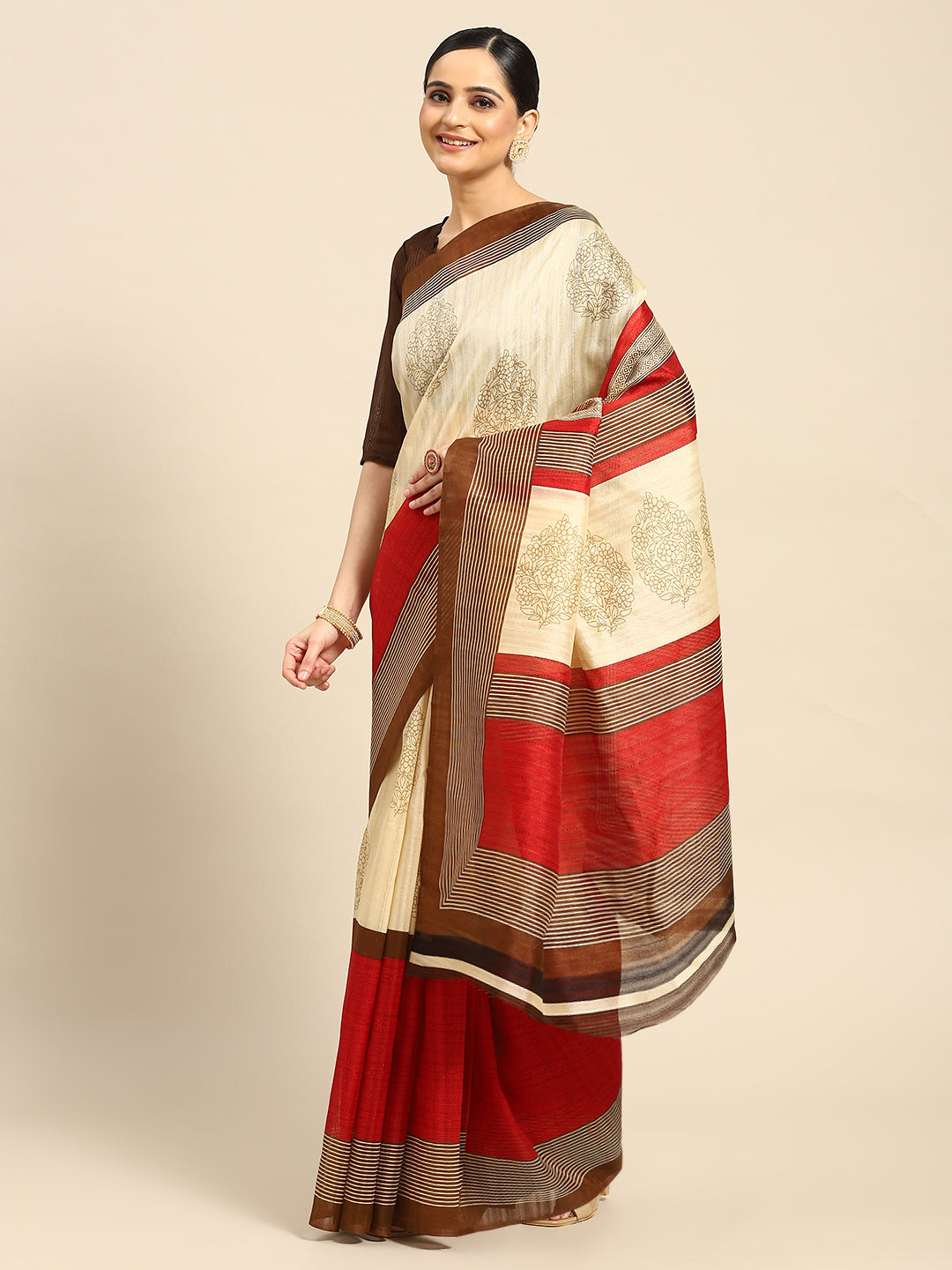 Women's Beige Art Silk Printed Saree - Ahika
