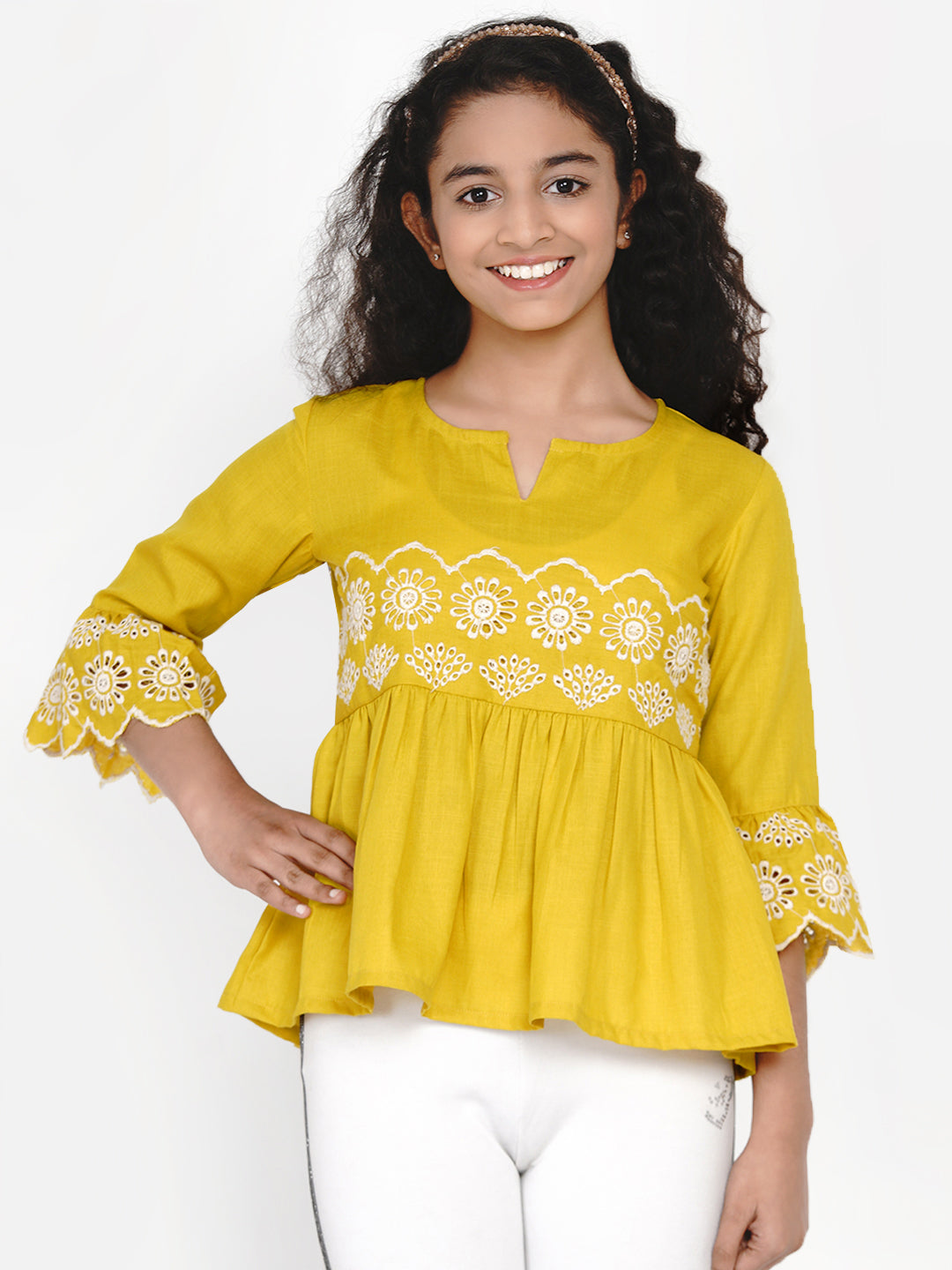 Girl's Mustard Yellow Embroidered Top - Bitiya By Bhama