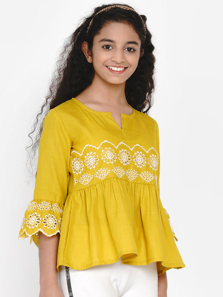 Girl's Mustard Yellow Embroidered Top