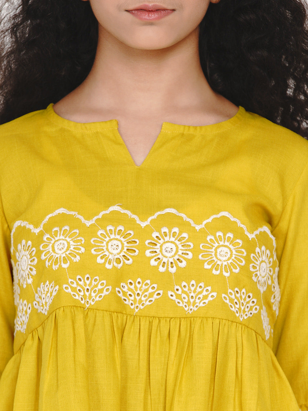 Girl's Mustard Yellow Embroidered Top - Bitiya By Bhama