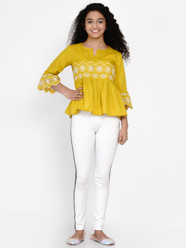 Girl's Mustard Yellow Embroidered Top