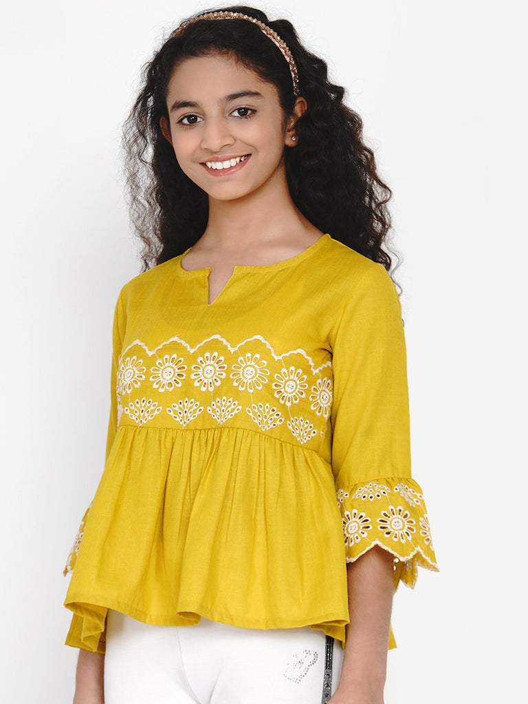 Girl's Mustard Yellow Embroidered Top