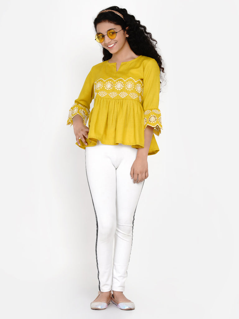 Girl's Mustard Yellow Embroidered Top