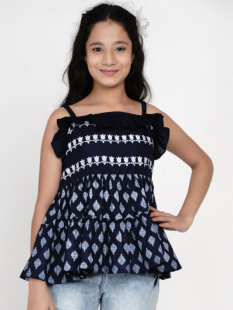 Girl's Bitiya By BhamaÂ Blue & White Printed Top