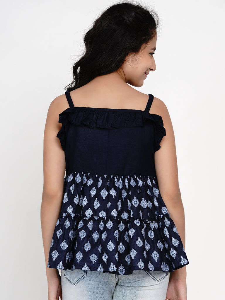 Girl's Bitiya By BhamaÂ Blue & White Printed Top