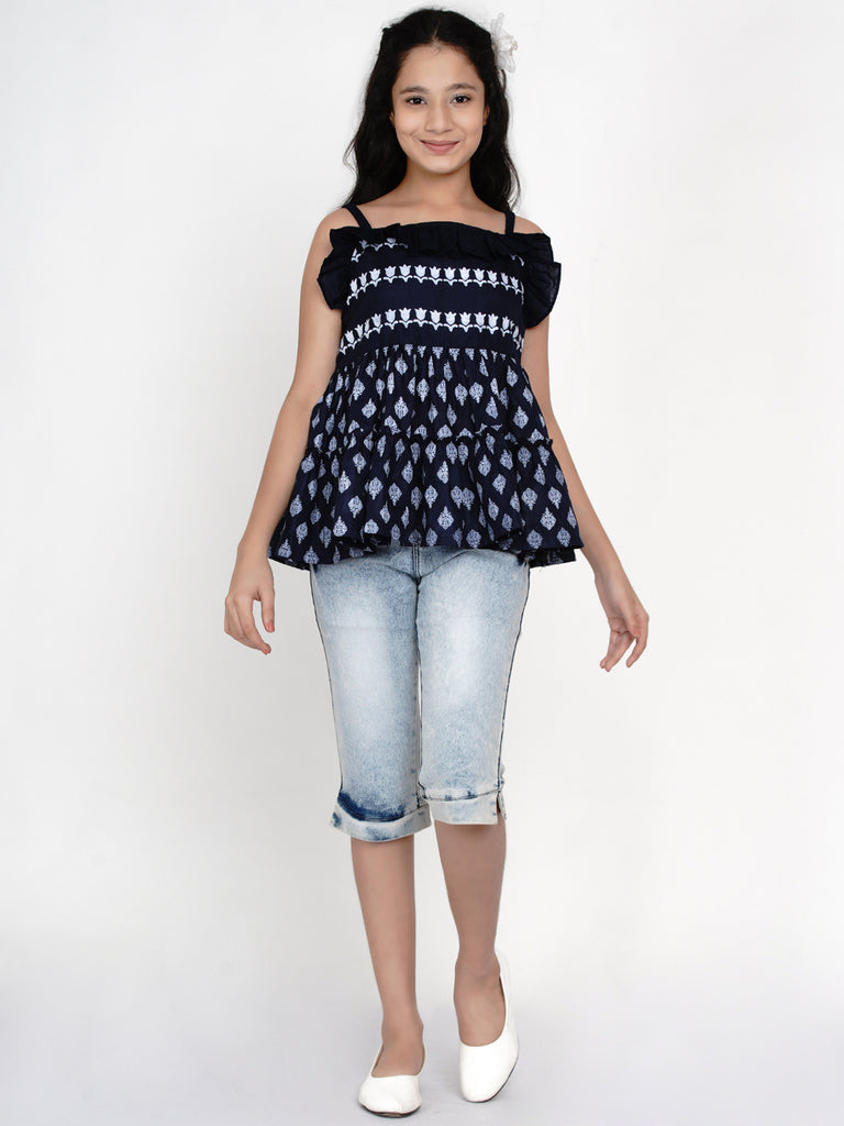 Girl's Bitiya By BhamaÂ Blue & White Printed Top