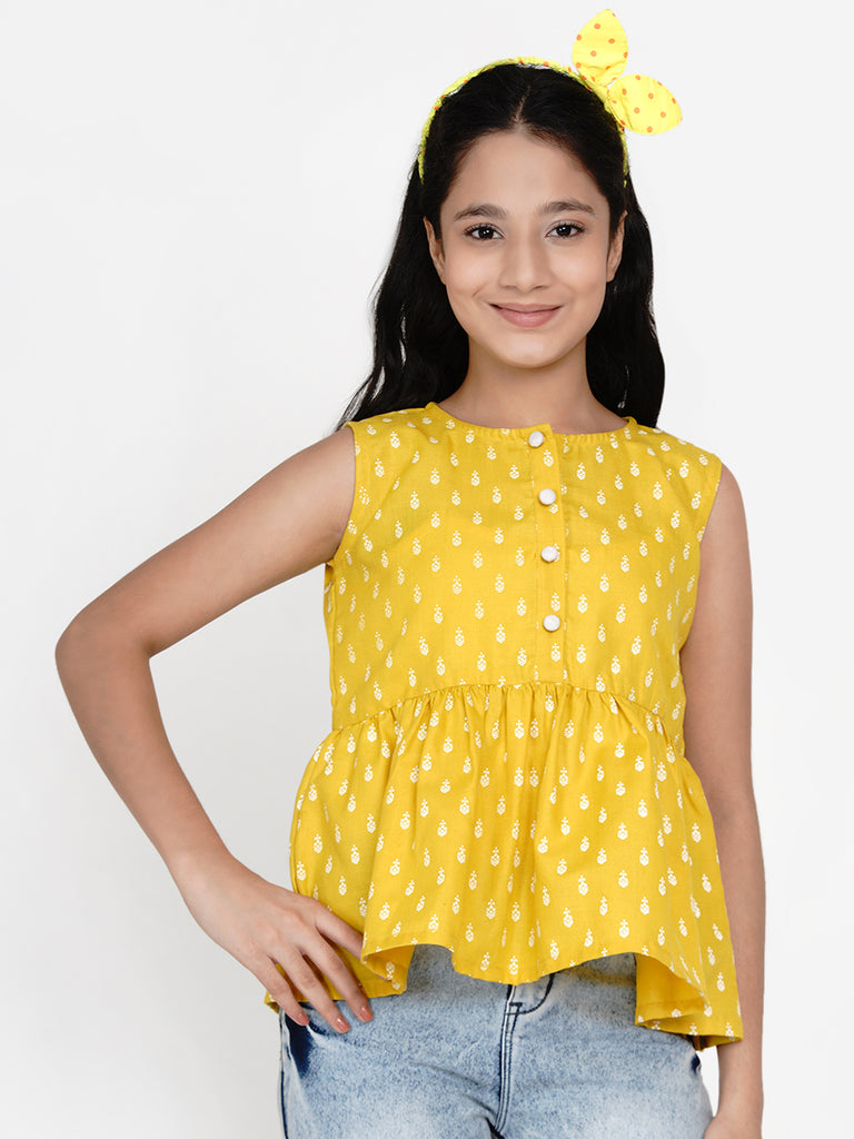 Girl's Mustard Yellow Printed Top