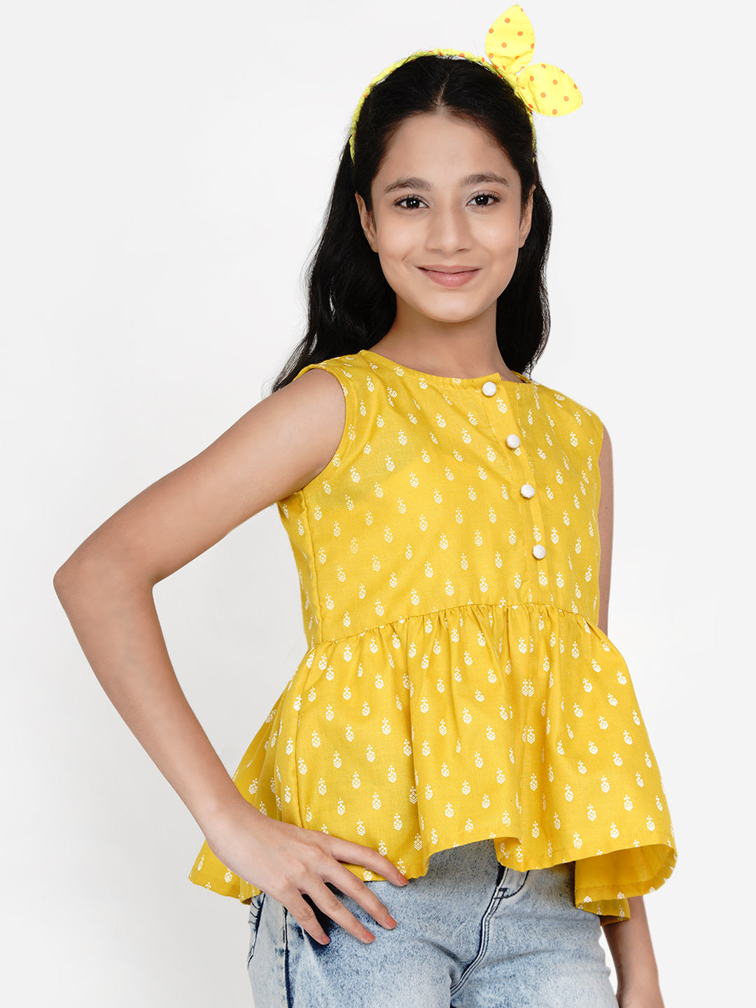 Girl's Mustard Yellow Printed Top - Bitiya By Bhama
