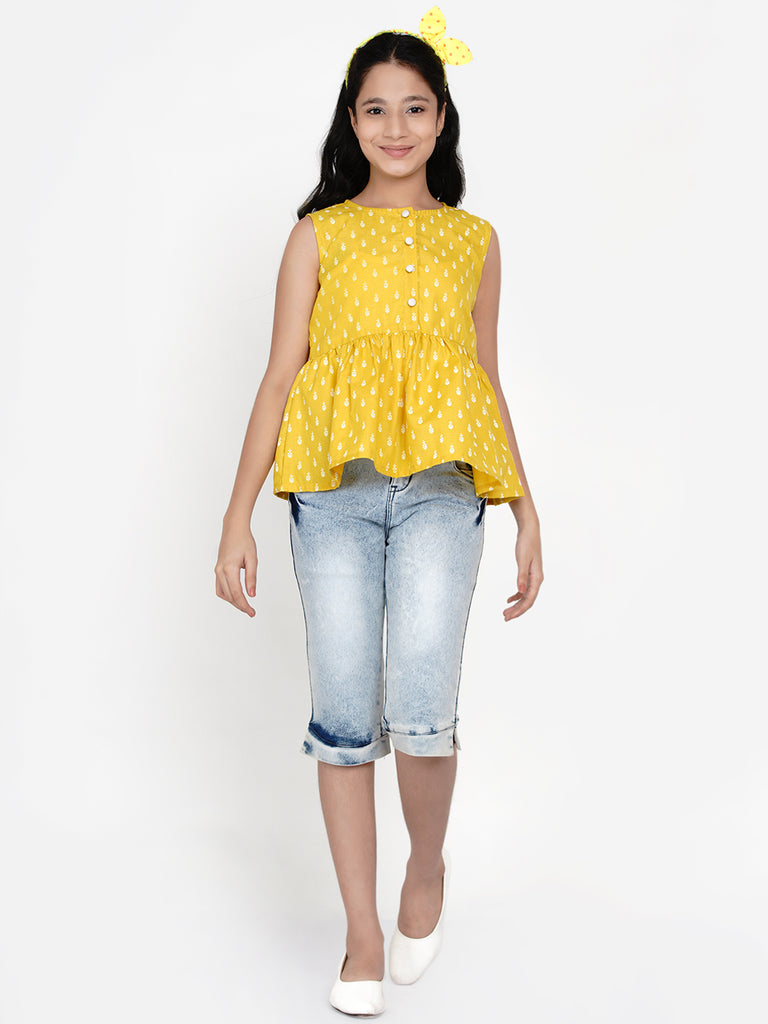 Girl's Mustard Yellow Printed Top
