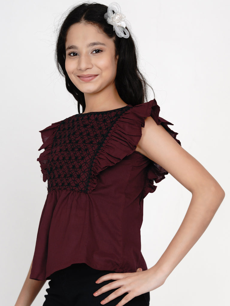 Girl's Maroon & Black Embroidered Top