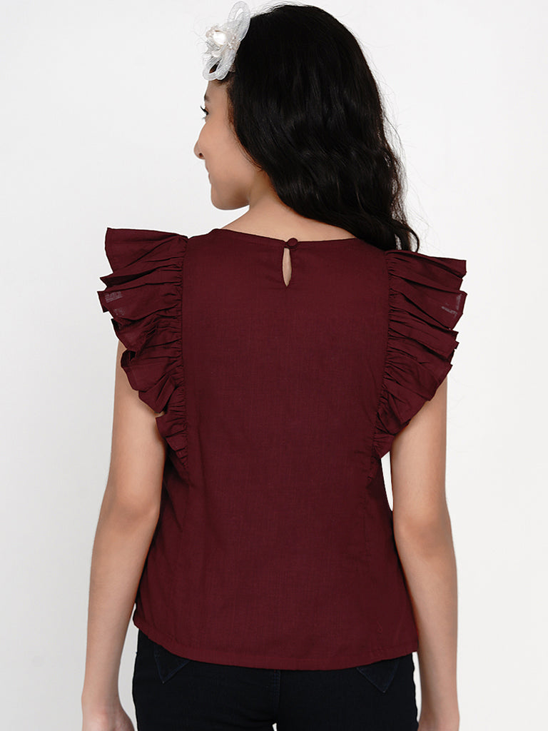 Girl's Maroon & Black Embroidered Top