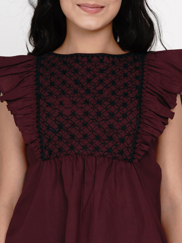 Girl's Maroon & Black Embroidered Top