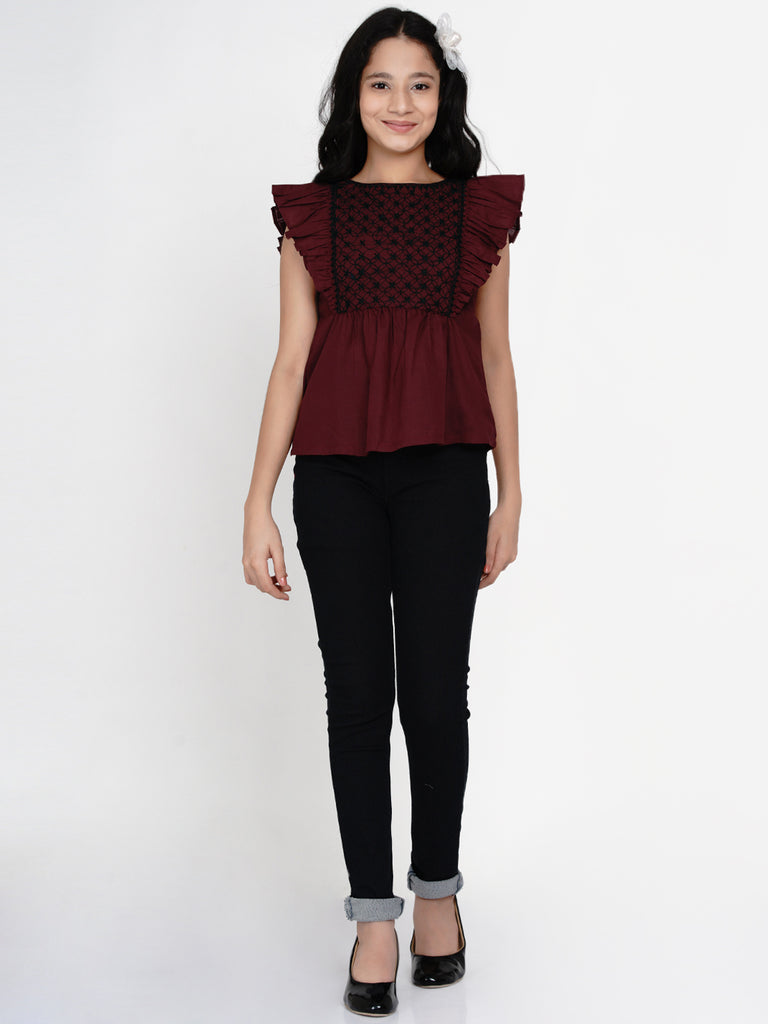 Girl's Maroon & Black Embroidered Top