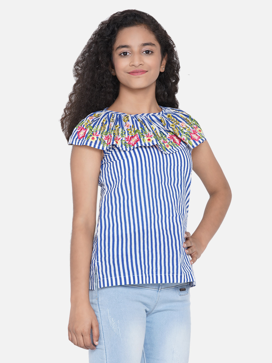 Girl's Blue Stripe Top - Bitiya By Bhama