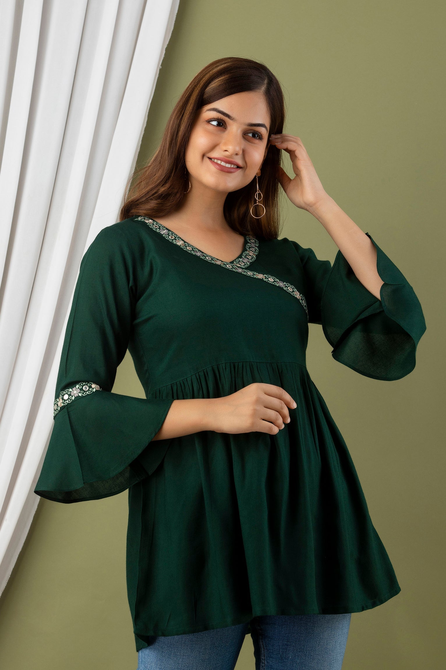 Women's Dark Green Bell Sleeve Top