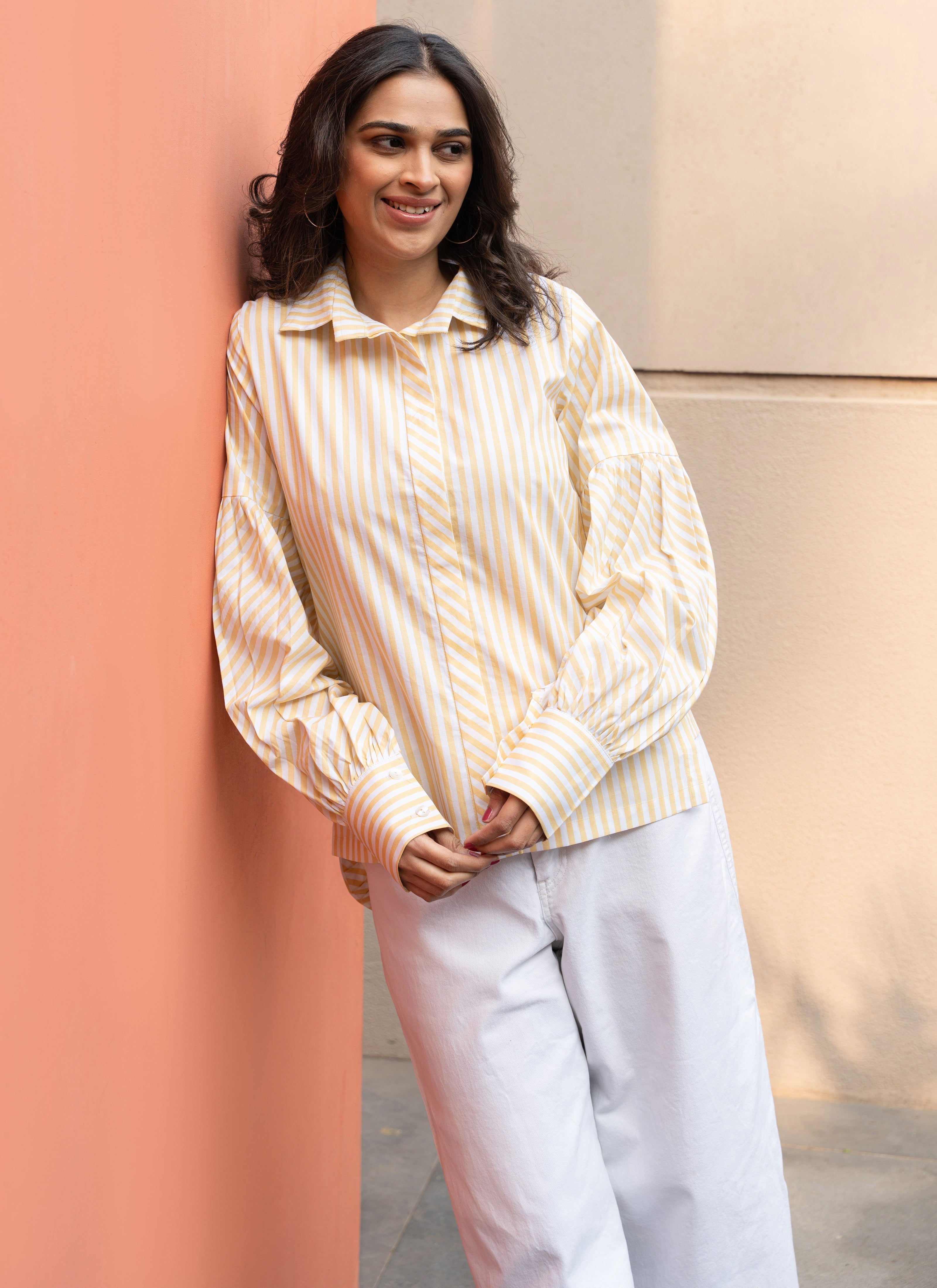 Women's Yellow Stripe Pure Cotton Shirt with Puffed Sleeves - GulaboSitabo