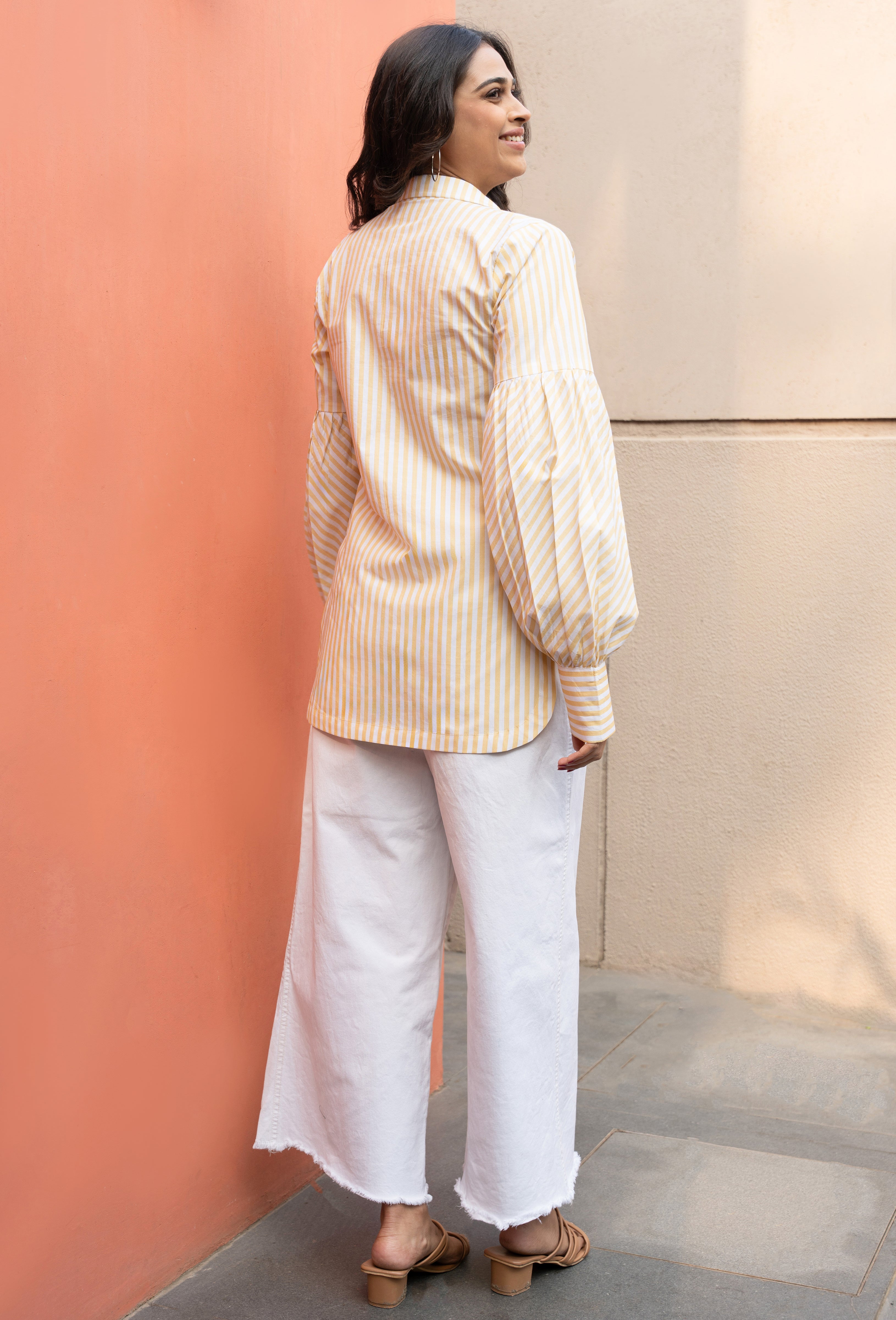 Women's Yellow Stripe Pure Cotton Shirt with Puffed Sleeves - GulaboSitabo