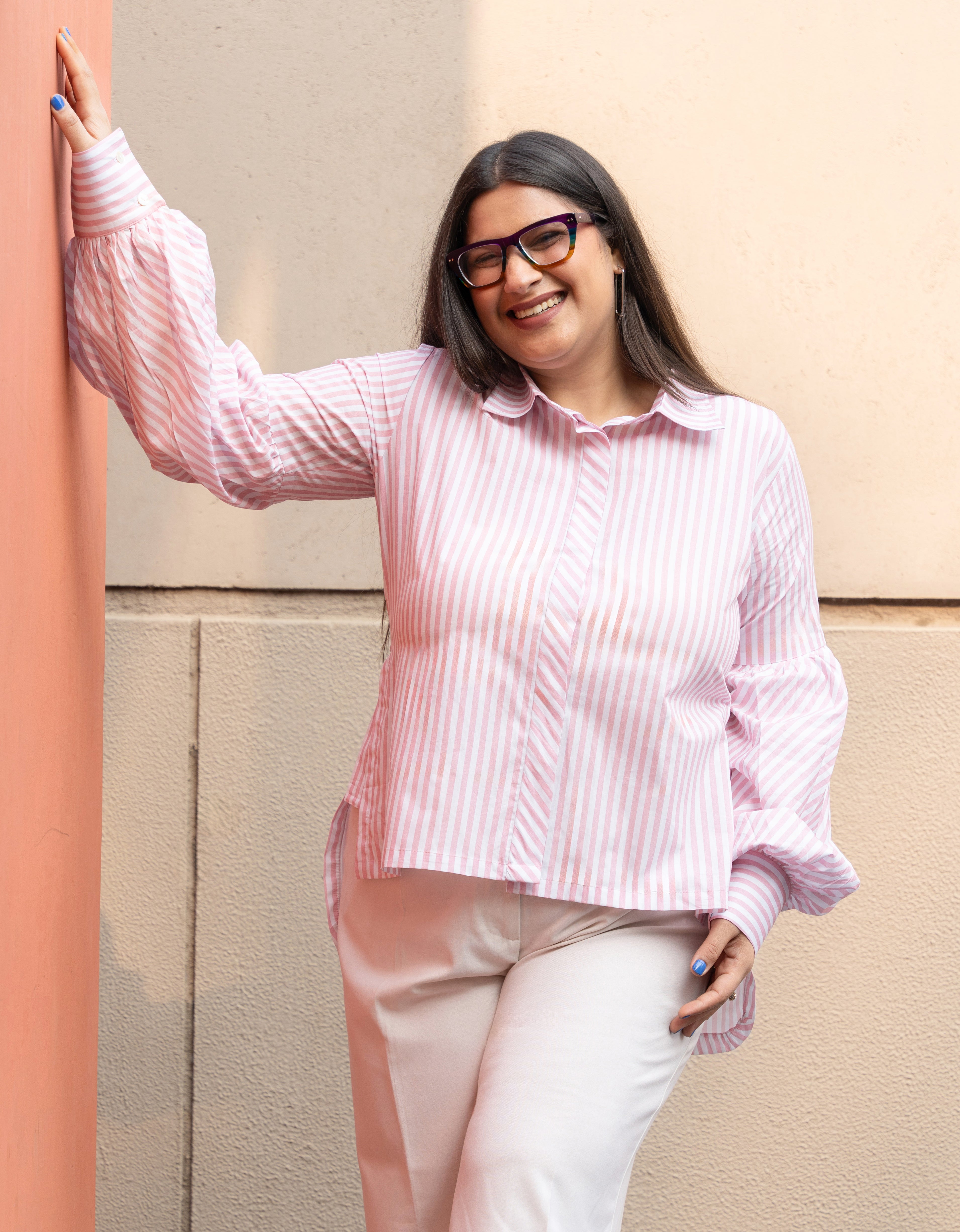 Women's Baby Pink Stripe Pure Cotton Shirt with Puffed Sleeves - GulaboSitabo