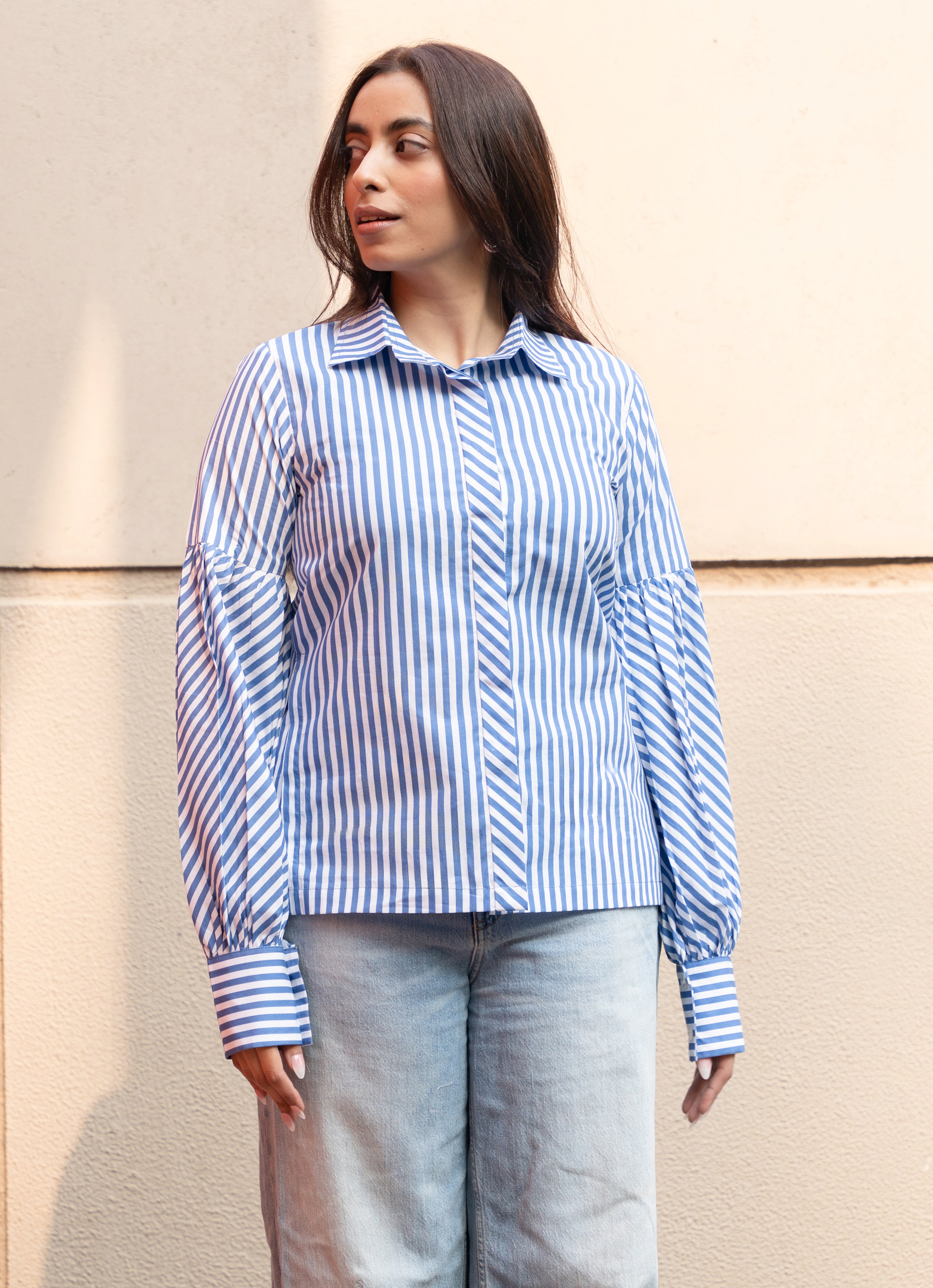 Women's Blue Stripe Pure Cotton Shirt with Puffed Sleeves - GulaboSitabo