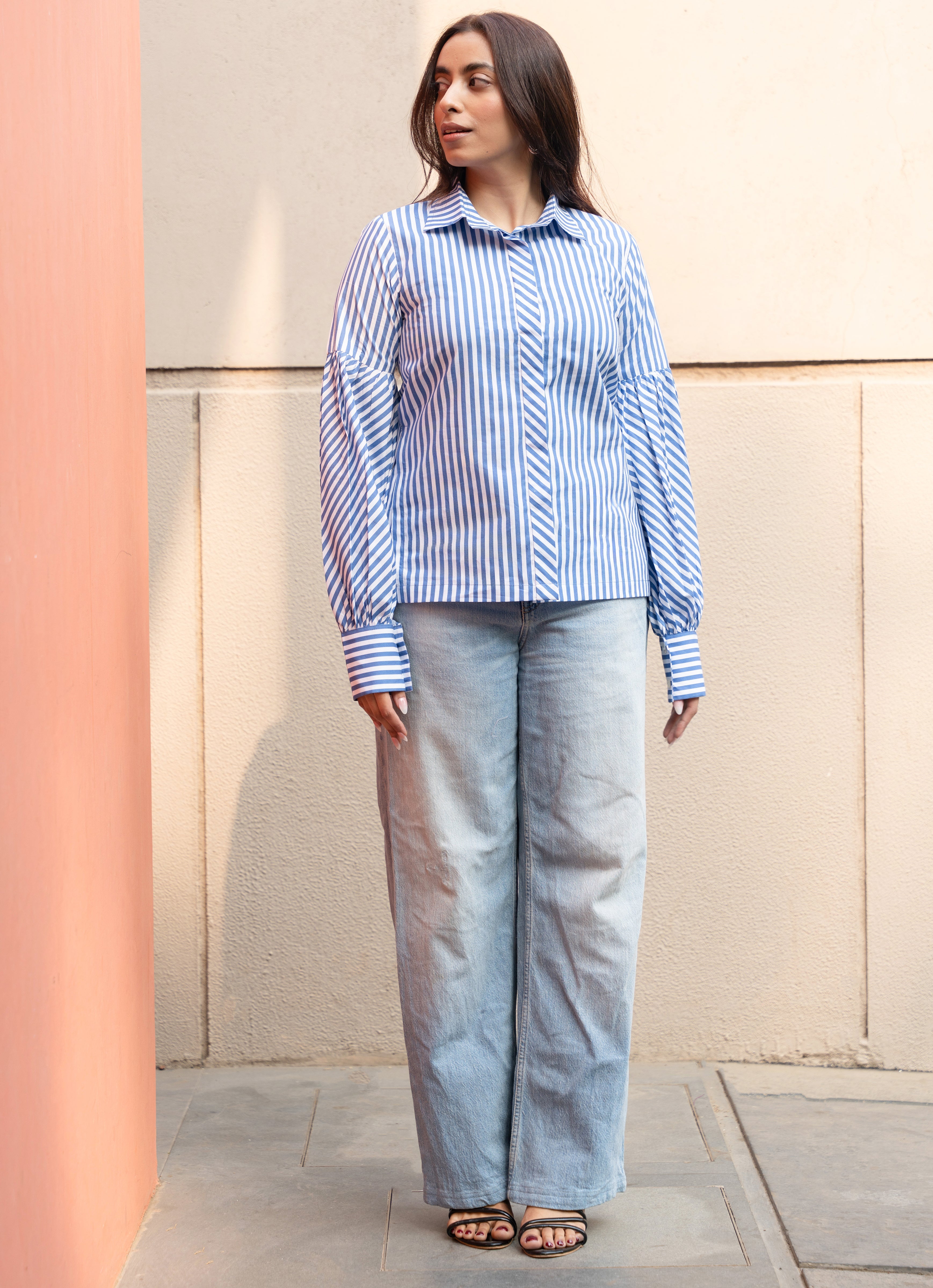 Women's Blue Stripe Pure Cotton Shirt with Puffed Sleeves - GulaboSitabo