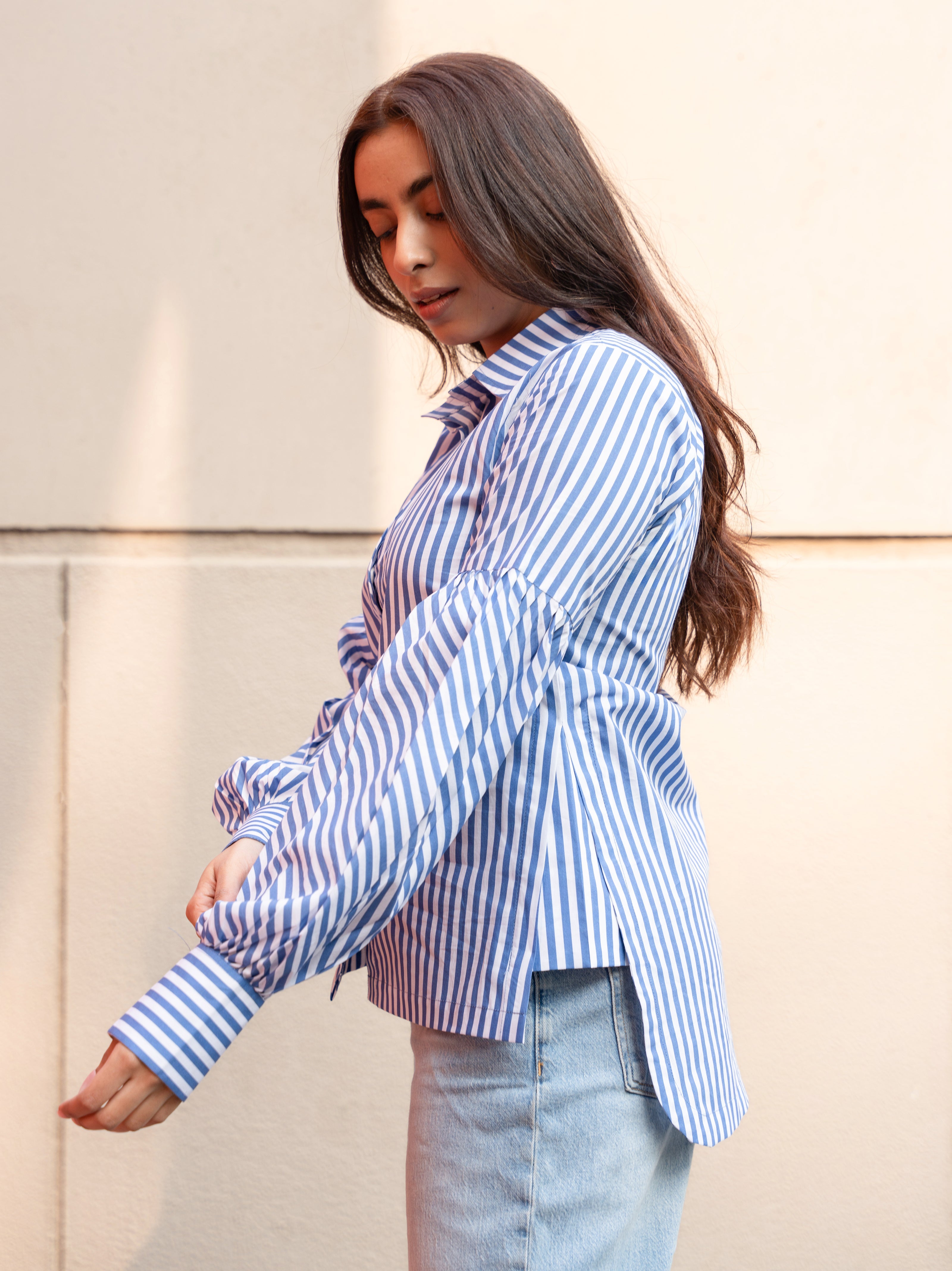 Women's Blue Stripe Pure Cotton Shirt with Puffed Sleeves - GulaboSitabo