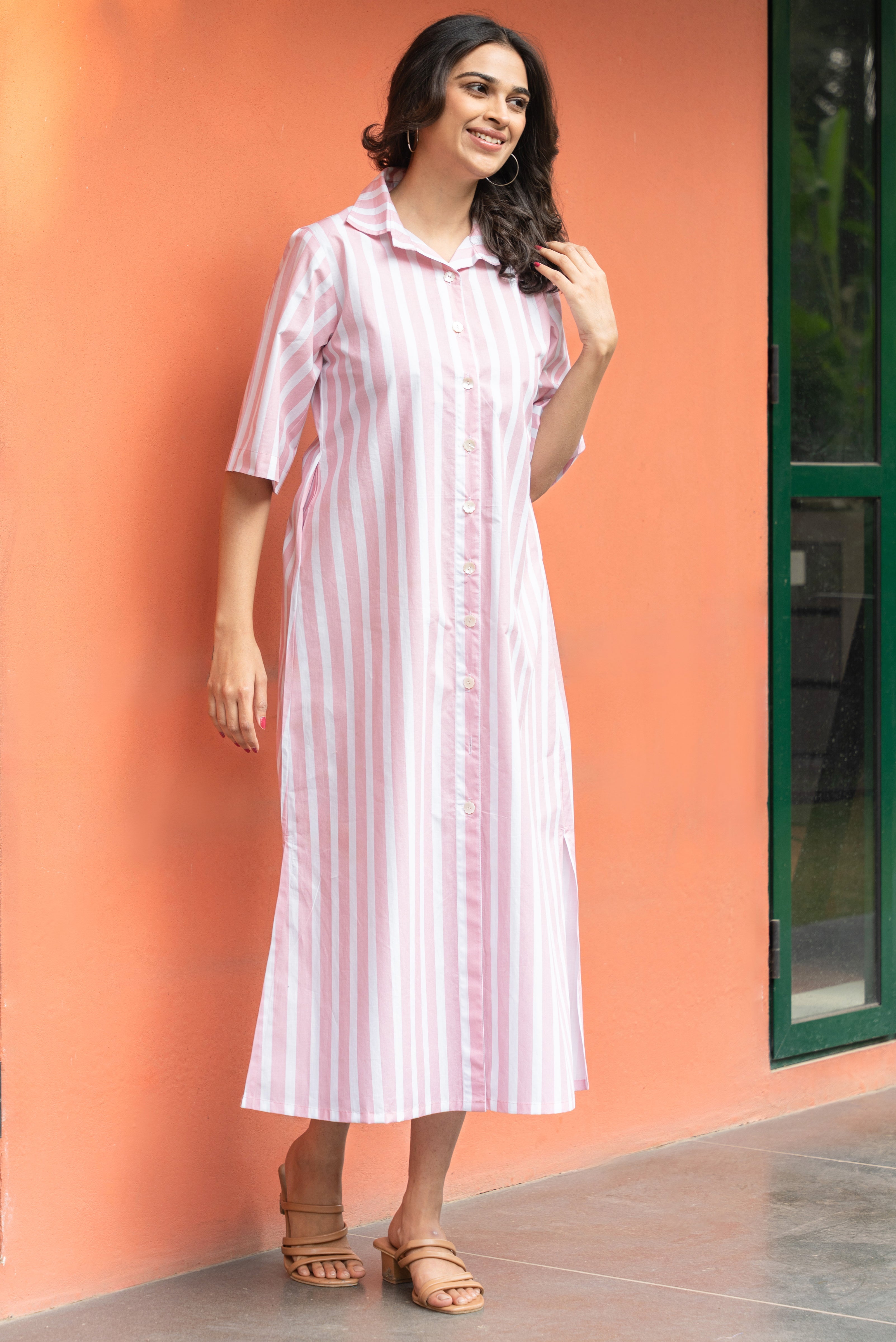 Women's Pink Broad Stripe Pure Cotton Shirt Dress - GulaboSitabo