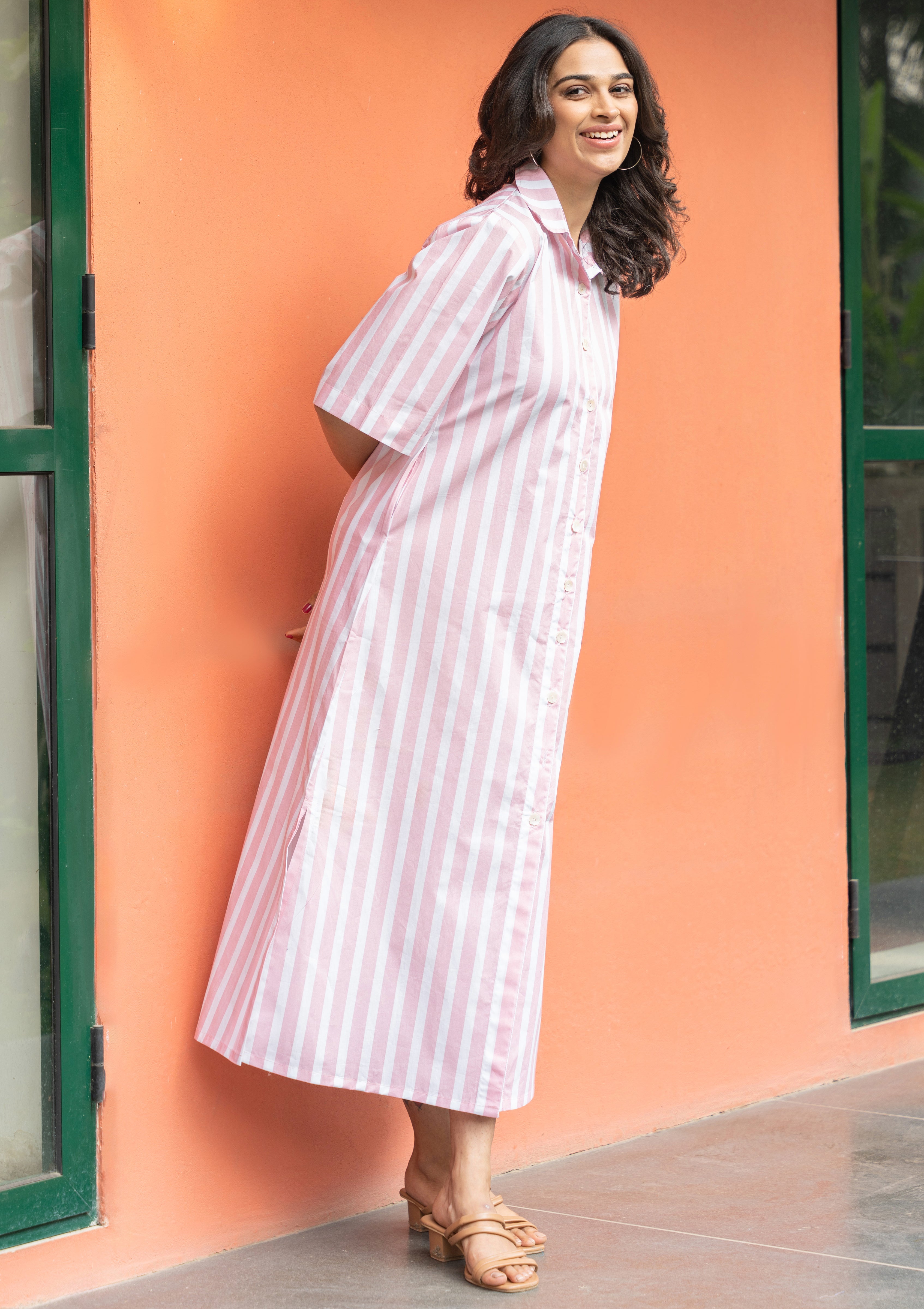 Women's Pink Broad Stripe Pure Cotton Shirt Dress - GulaboSitabo