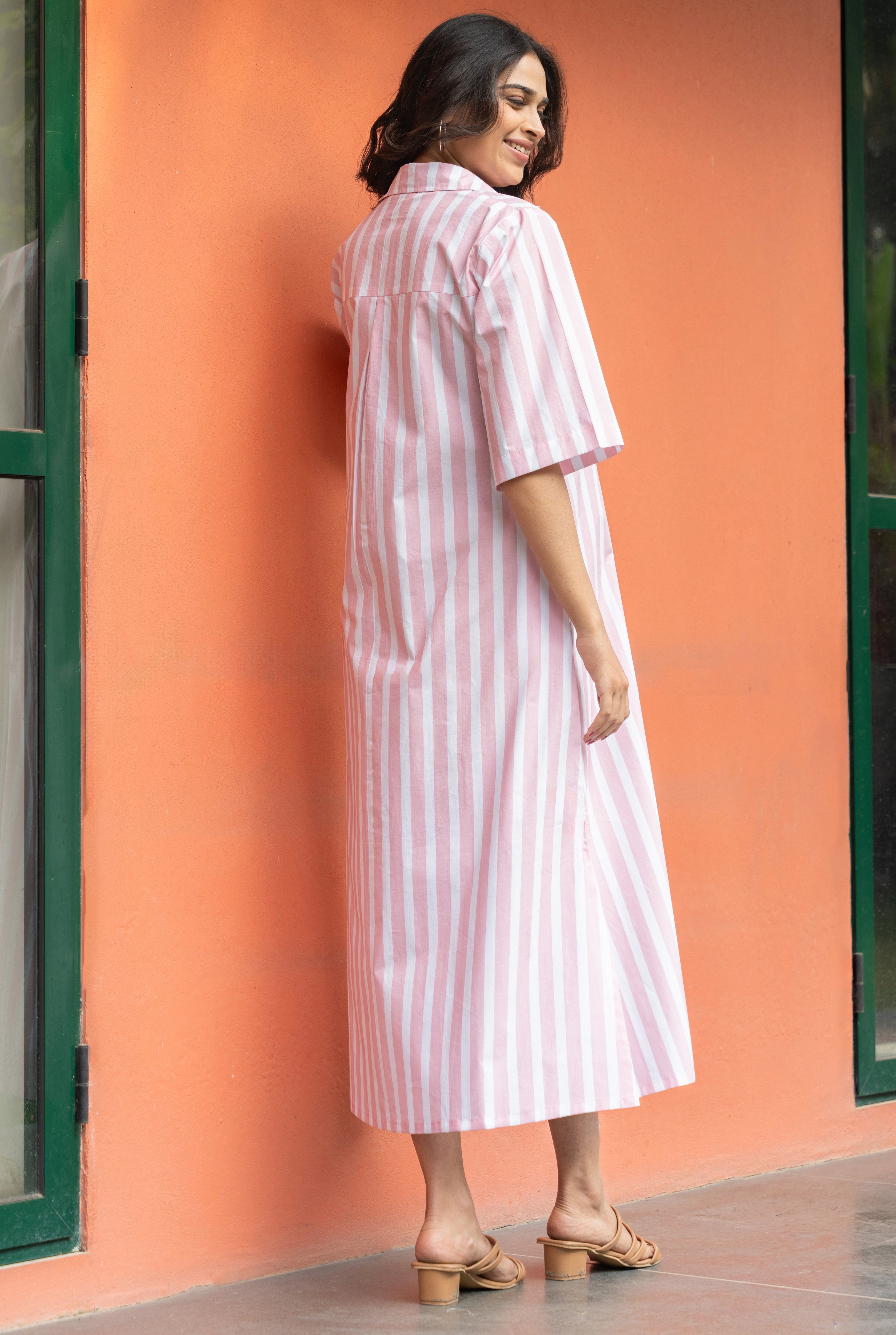 Women's Pink Broad Stripe Pure Cotton Shirt Dress - GulaboSitabo