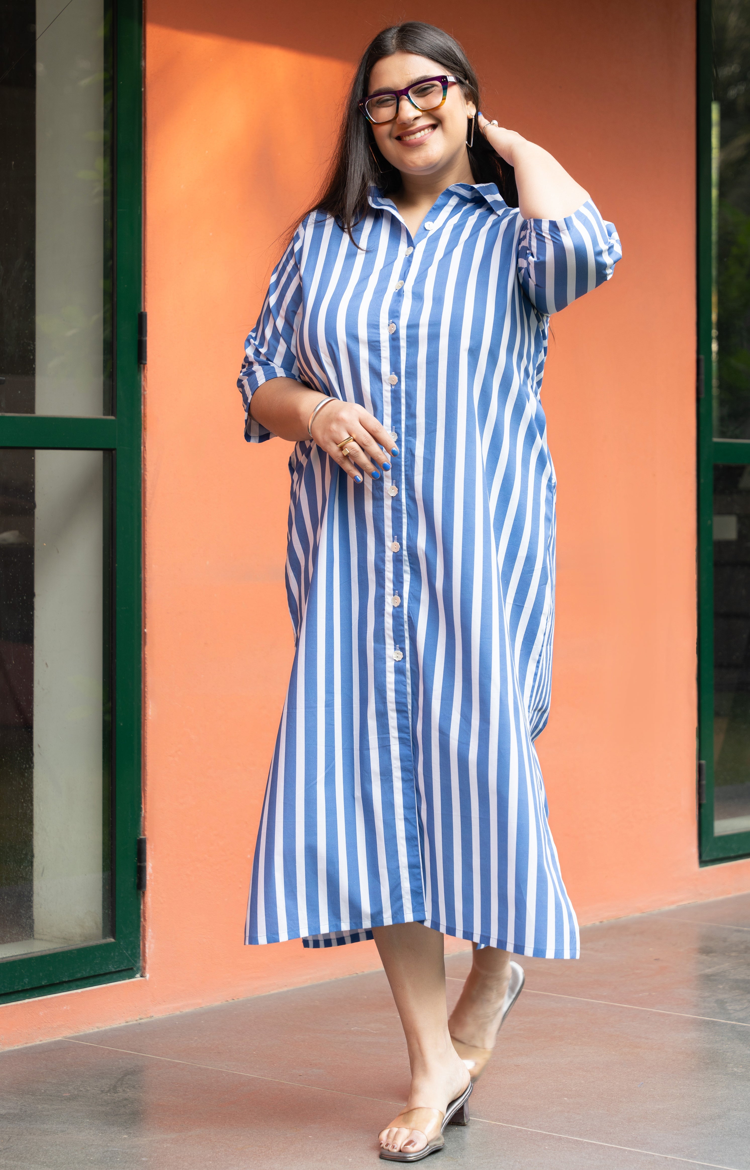 Women's Blue Broad Stripe Pure Cotton Shirt Dress - GulaboSitabo