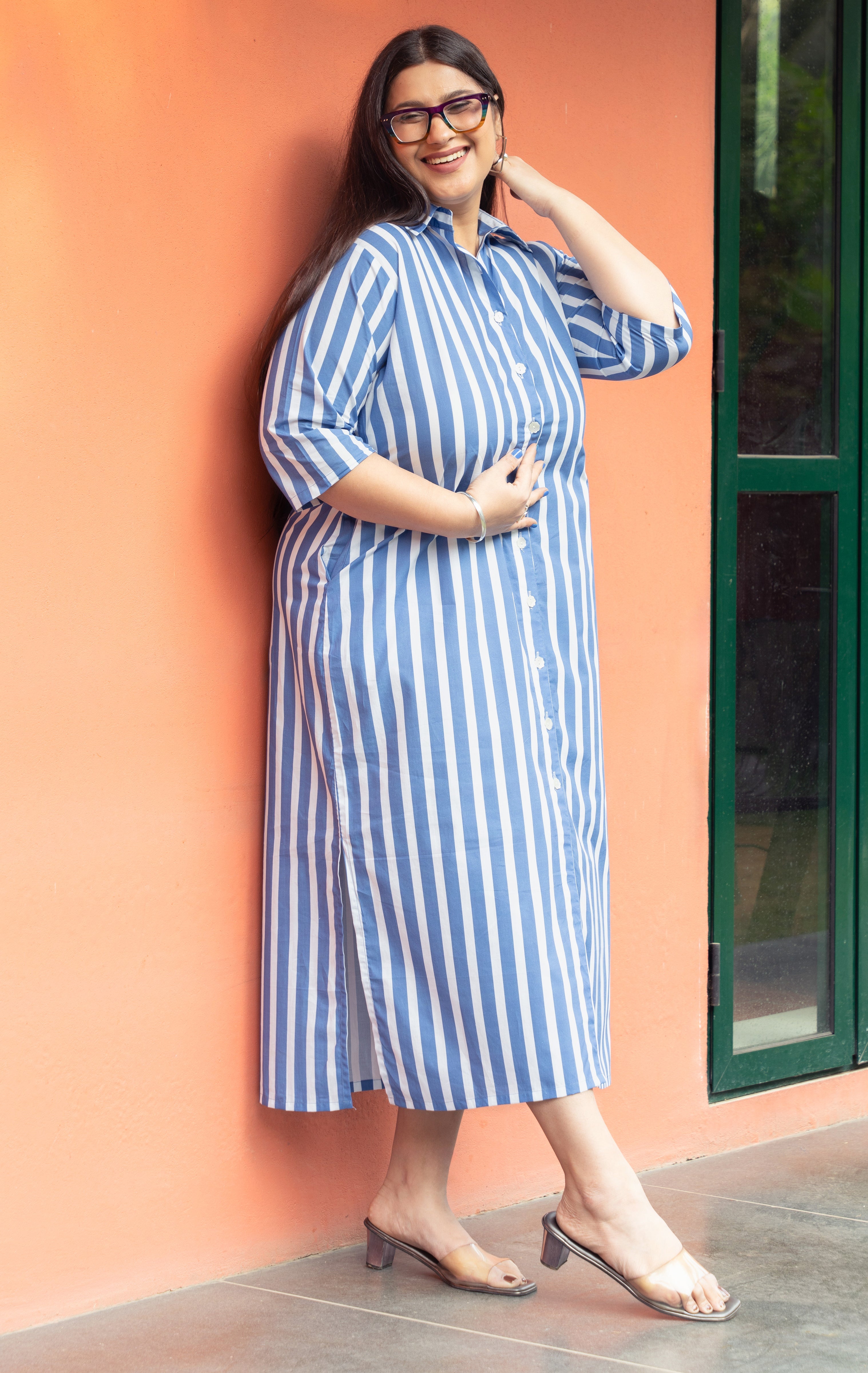 Women's Blue Broad Stripe Pure Cotton Shirt Dress - GulaboSitabo