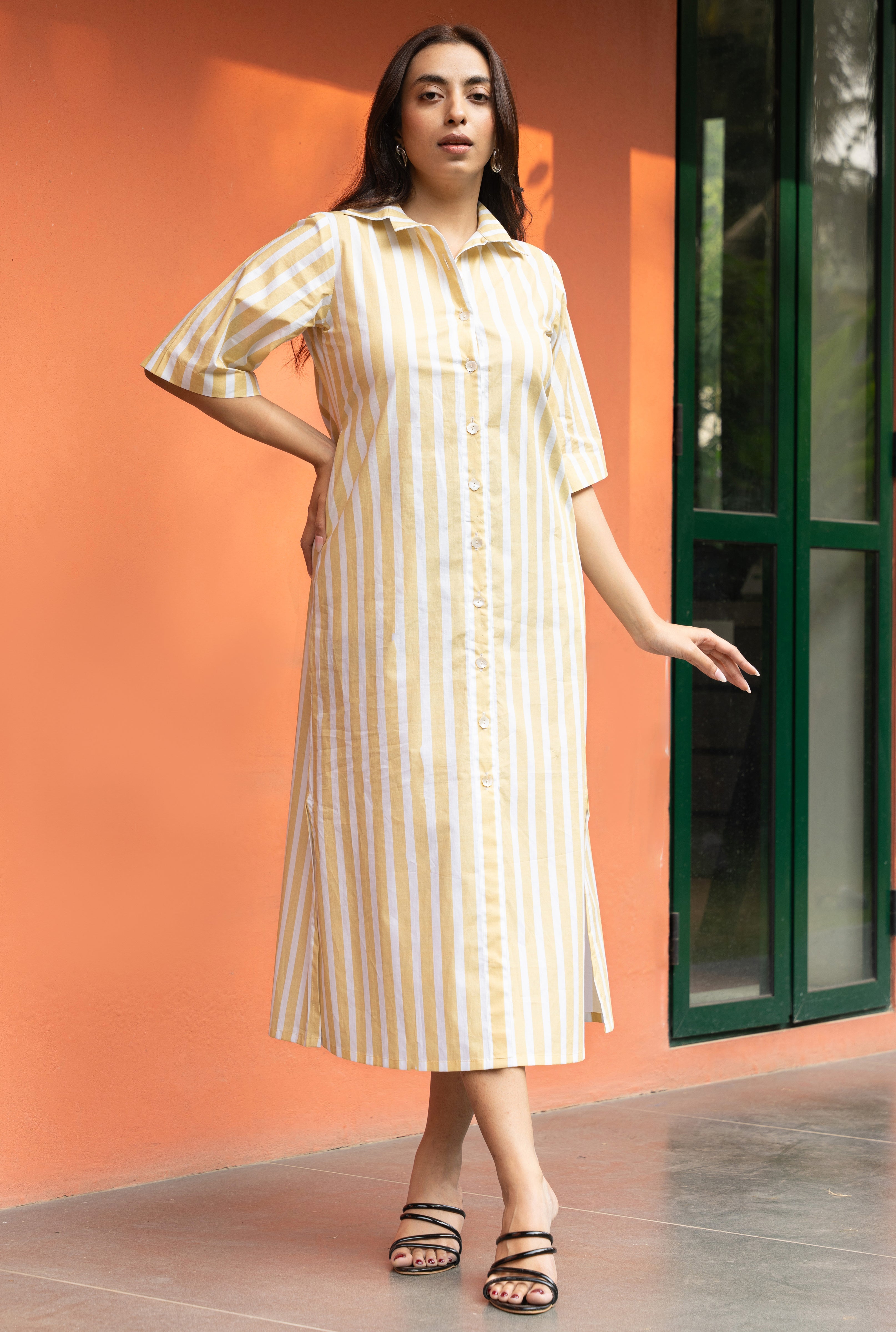 Women's Yellow Broad Stripe Pure Cotton Shirt Dress - GulaboSitabo