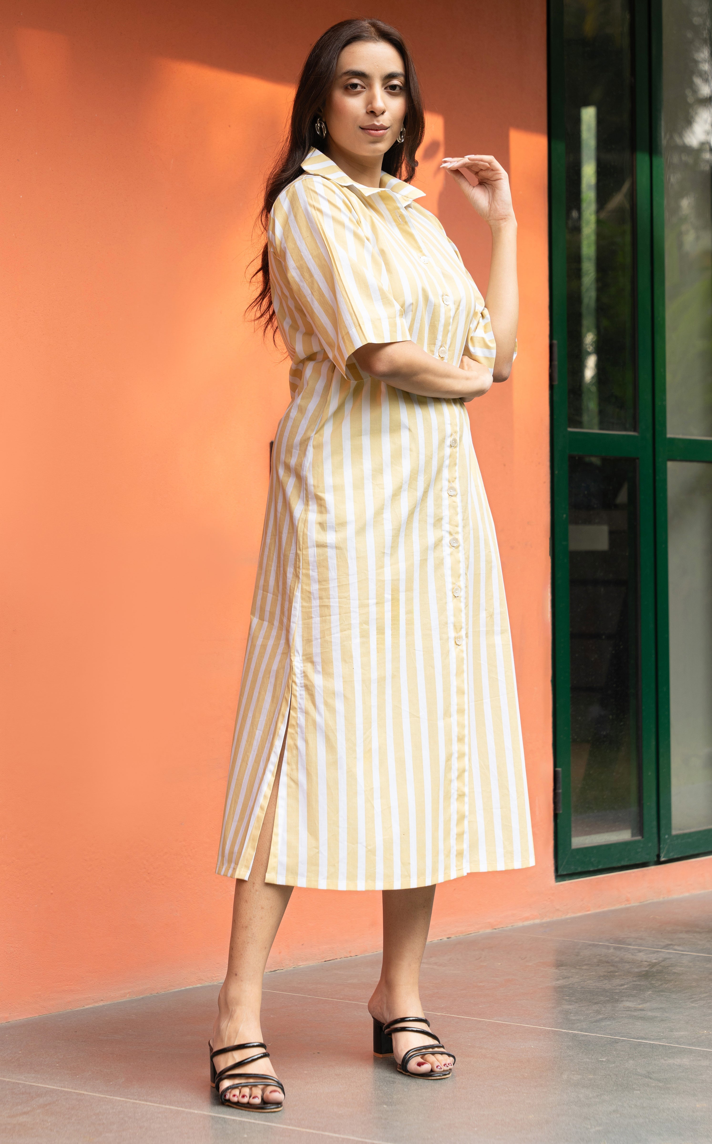 Women's Yellow Broad Stripe Pure Cotton Shirt Dress - GulaboSitabo