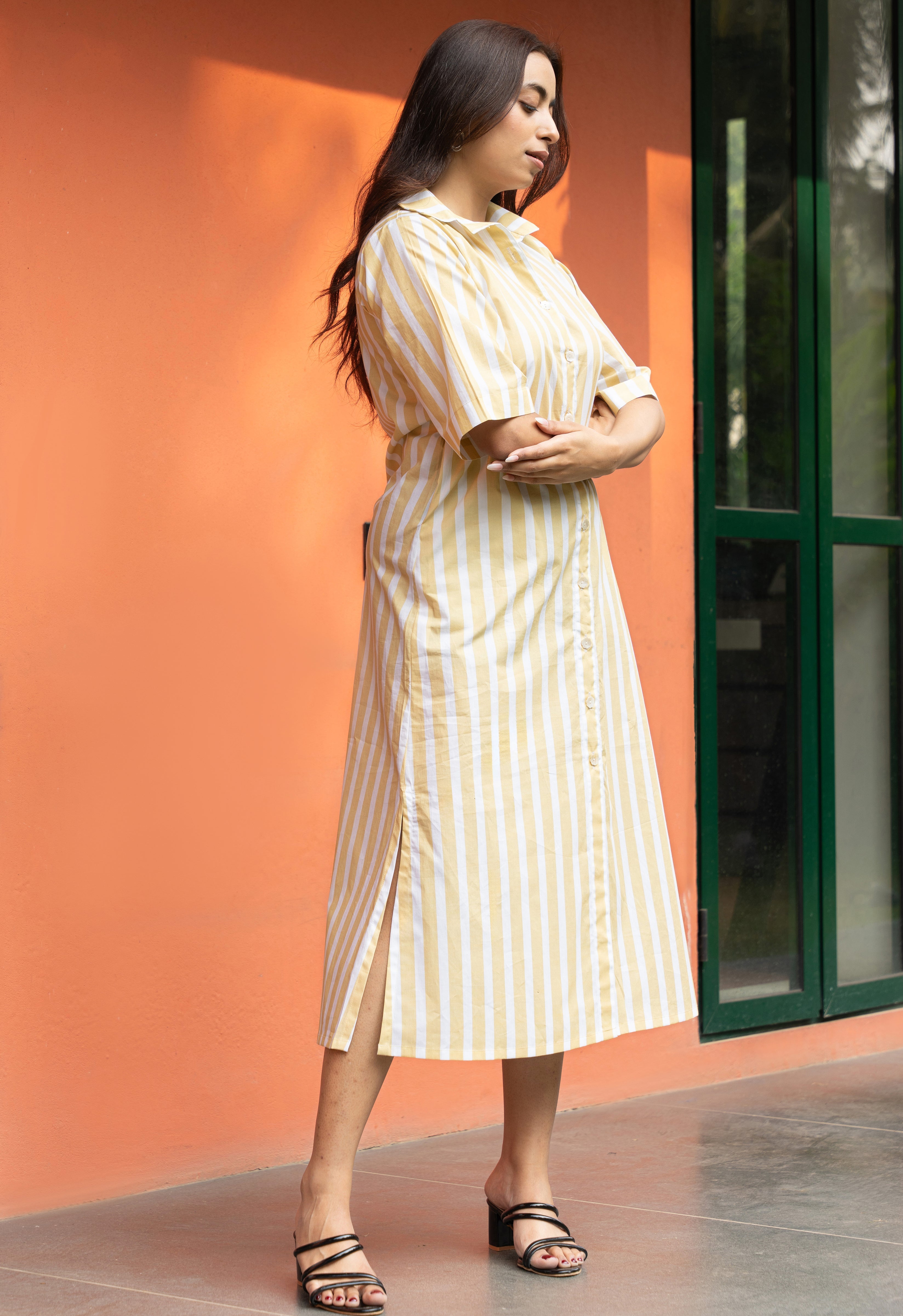 Women's Yellow Broad Stripe Pure Cotton Shirt Dress - GulaboSitabo