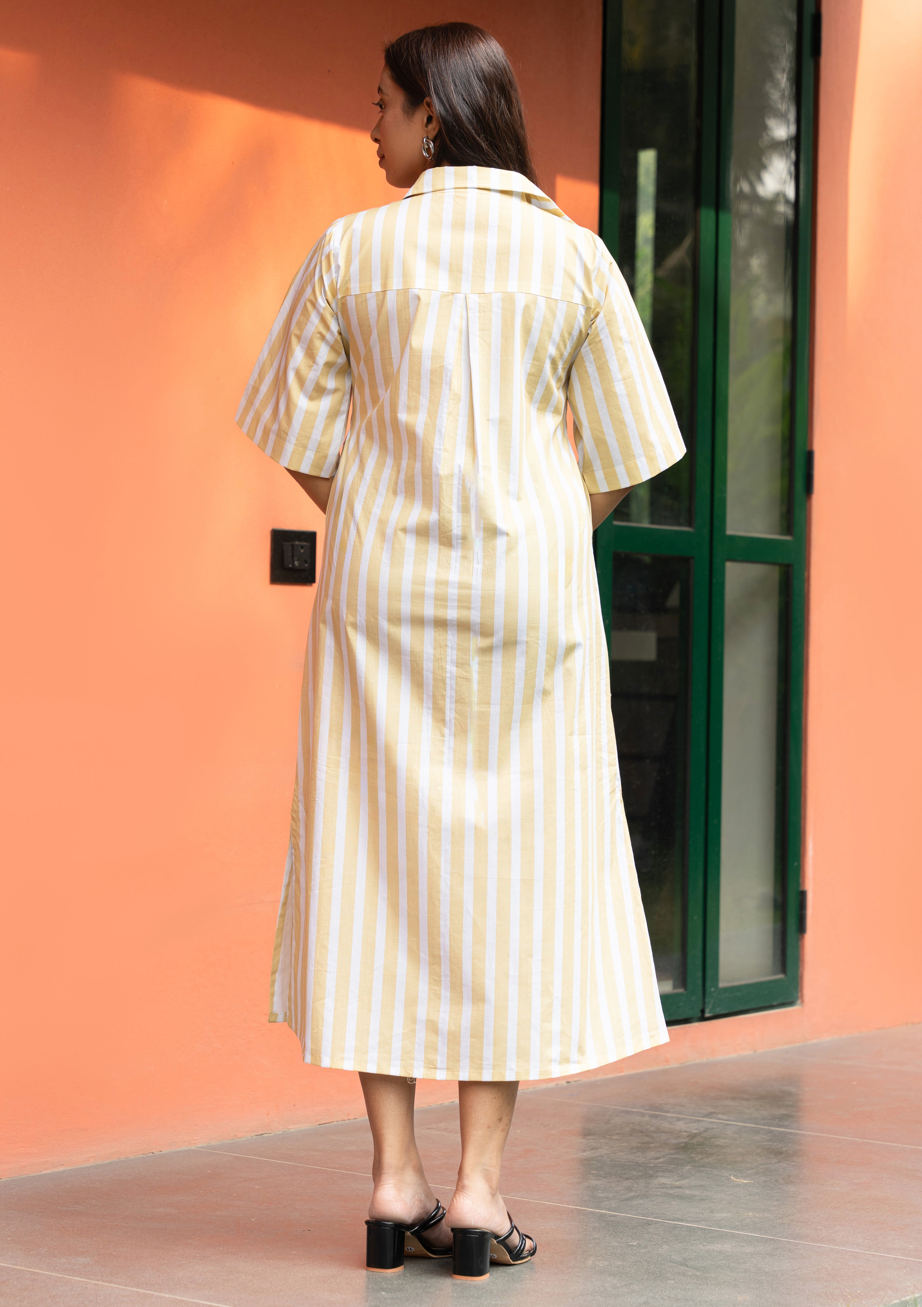 Women's Yellow Broad Stripe Pure Cotton Shirt Dress - GulaboSitabo