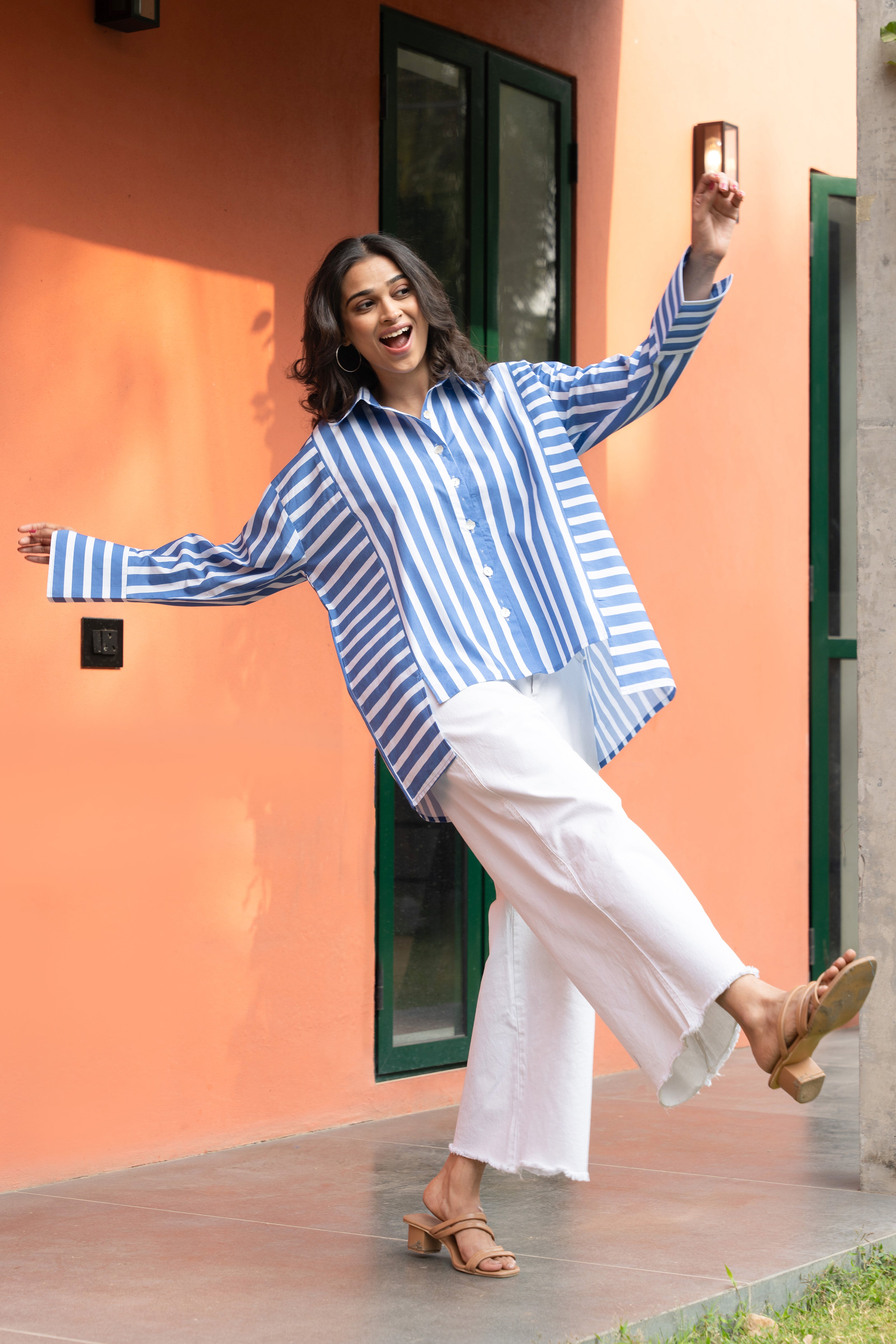 Women's Blue Broad Stripe Pure Cotton Oversized Shirt - GulaboSitabo