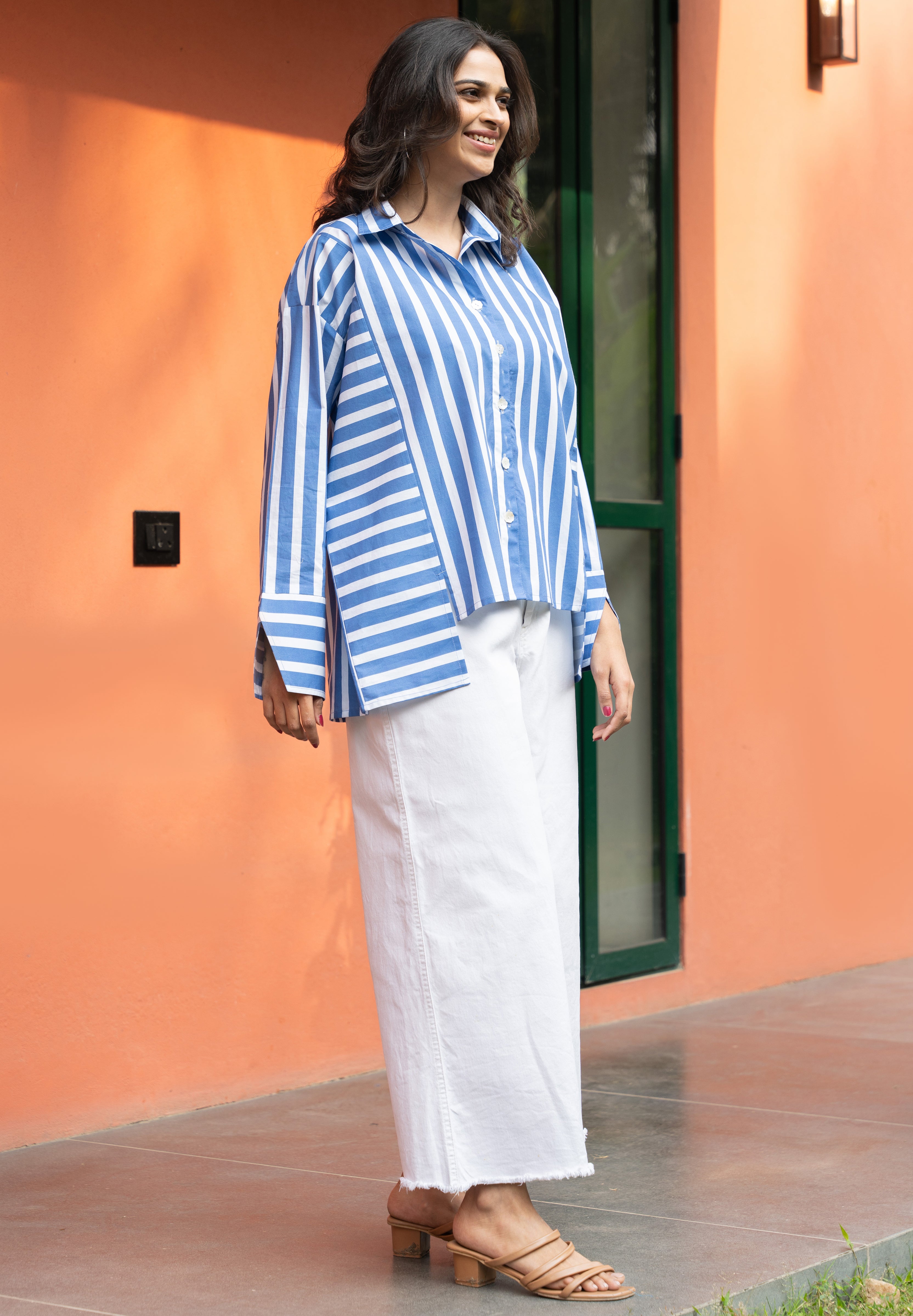 Women's Blue Broad Stripe Pure Cotton Oversized Shirt - GulaboSitabo