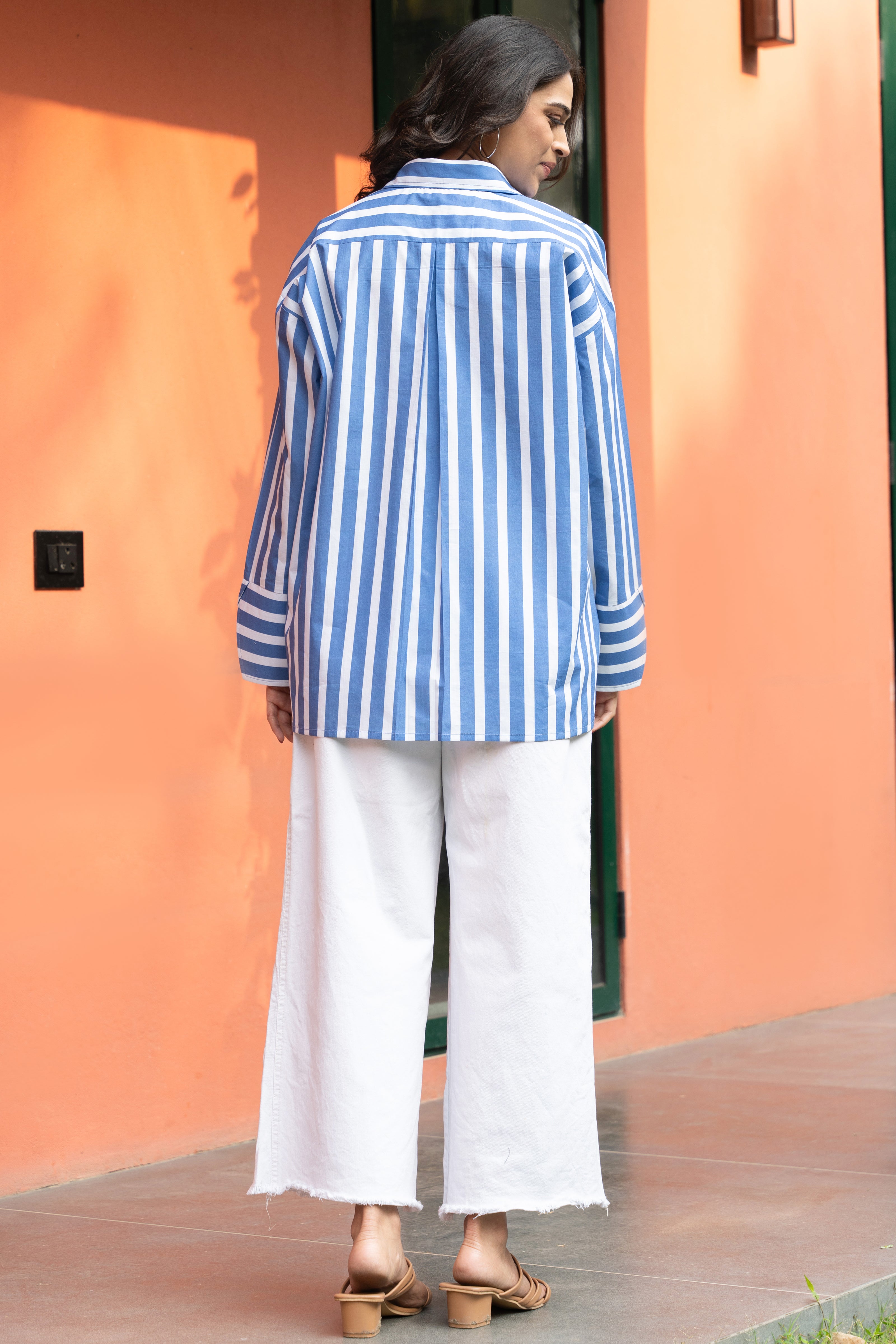 Women's Blue Broad Stripe Pure Cotton Oversized Shirt - GulaboSitabo