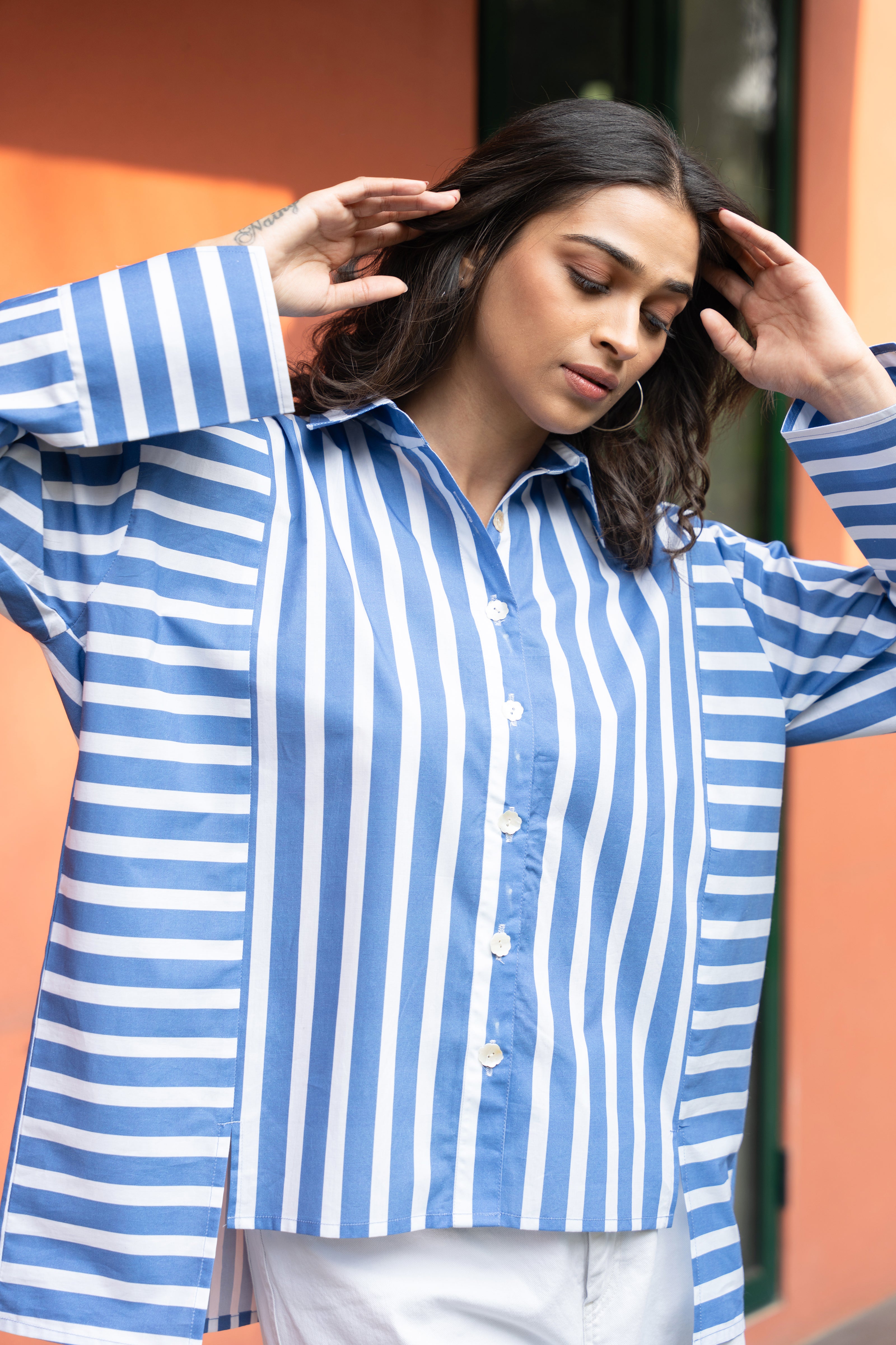 Women's Blue Broad Stripe Pure Cotton Oversized Shirt - GulaboSitabo