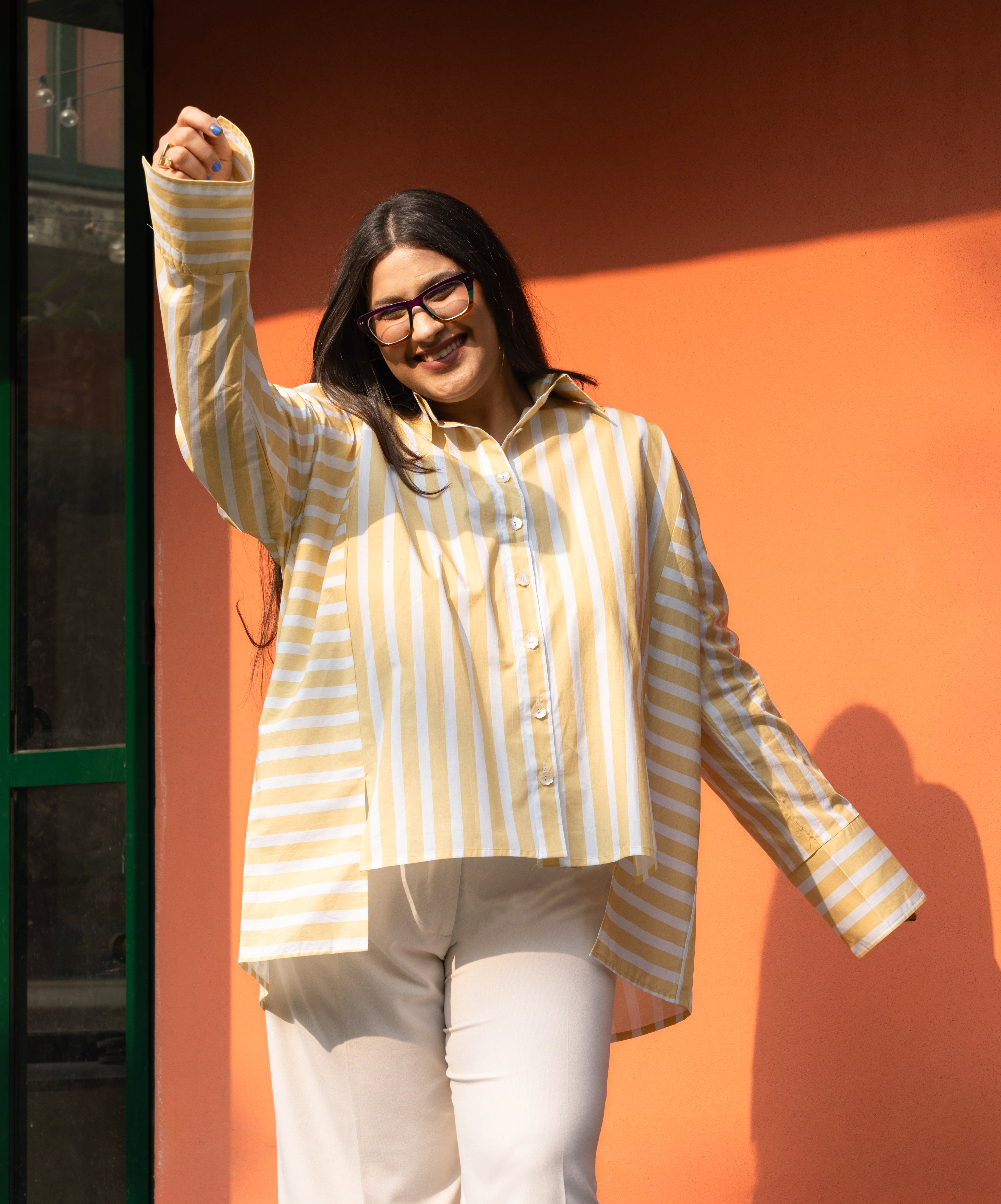 Women's Yellow Broad Stripe Pure Cotton Oversized Shirt - GulaboSitabo