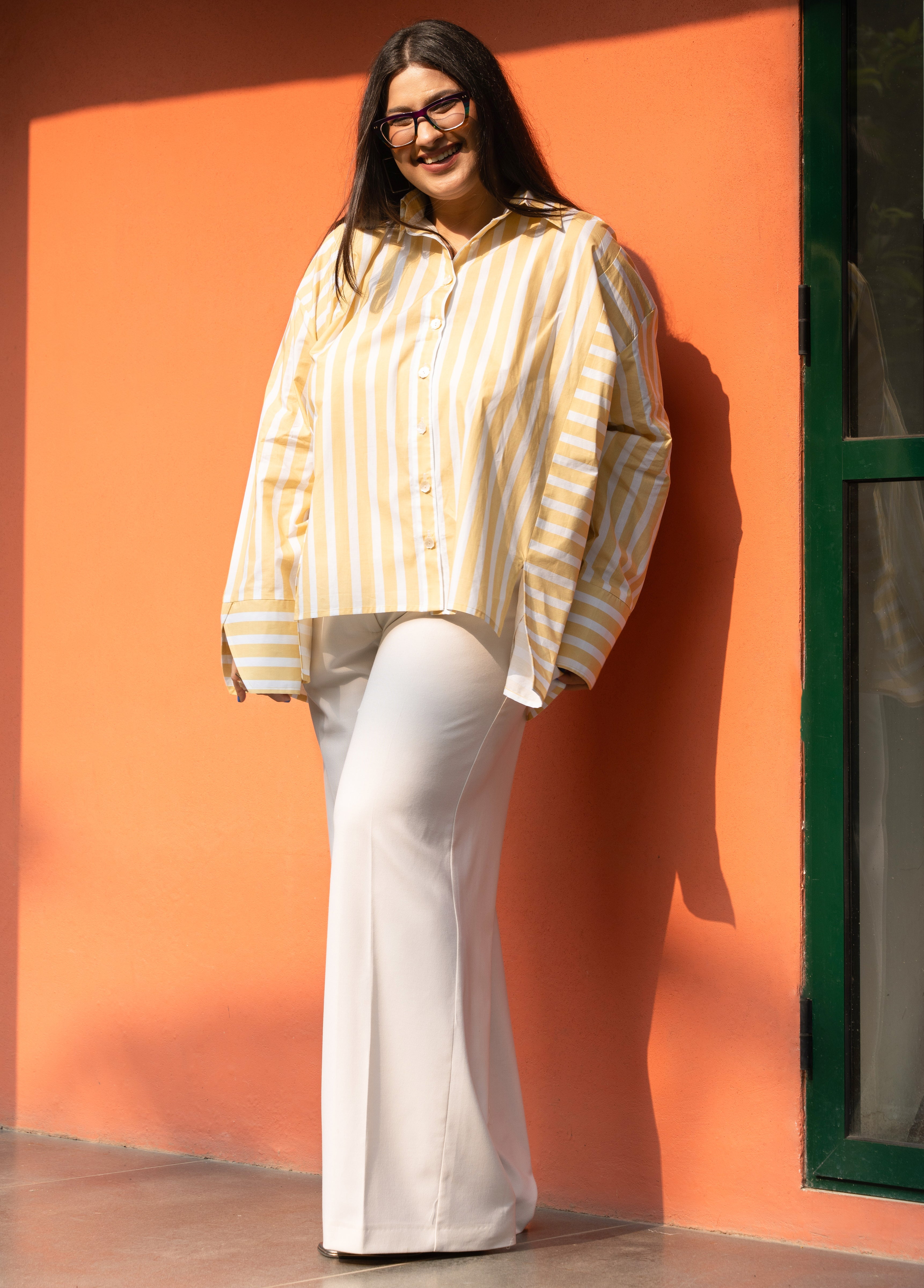 Women's Yellow Broad Stripe Pure Cotton Oversized Shirt - GulaboSitabo