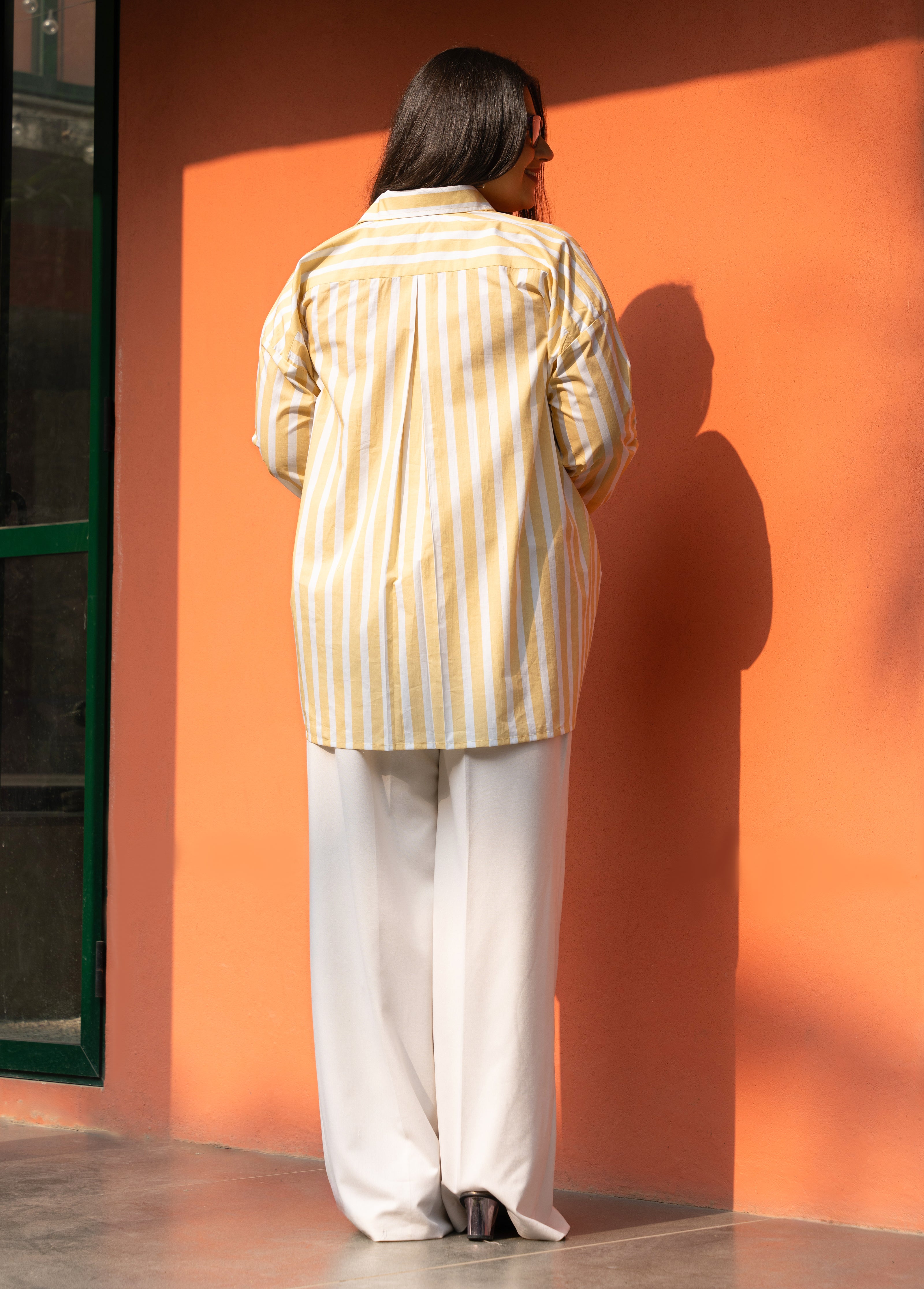 Women's Yellow Broad Stripe Pure Cotton Oversized Shirt - GulaboSitabo