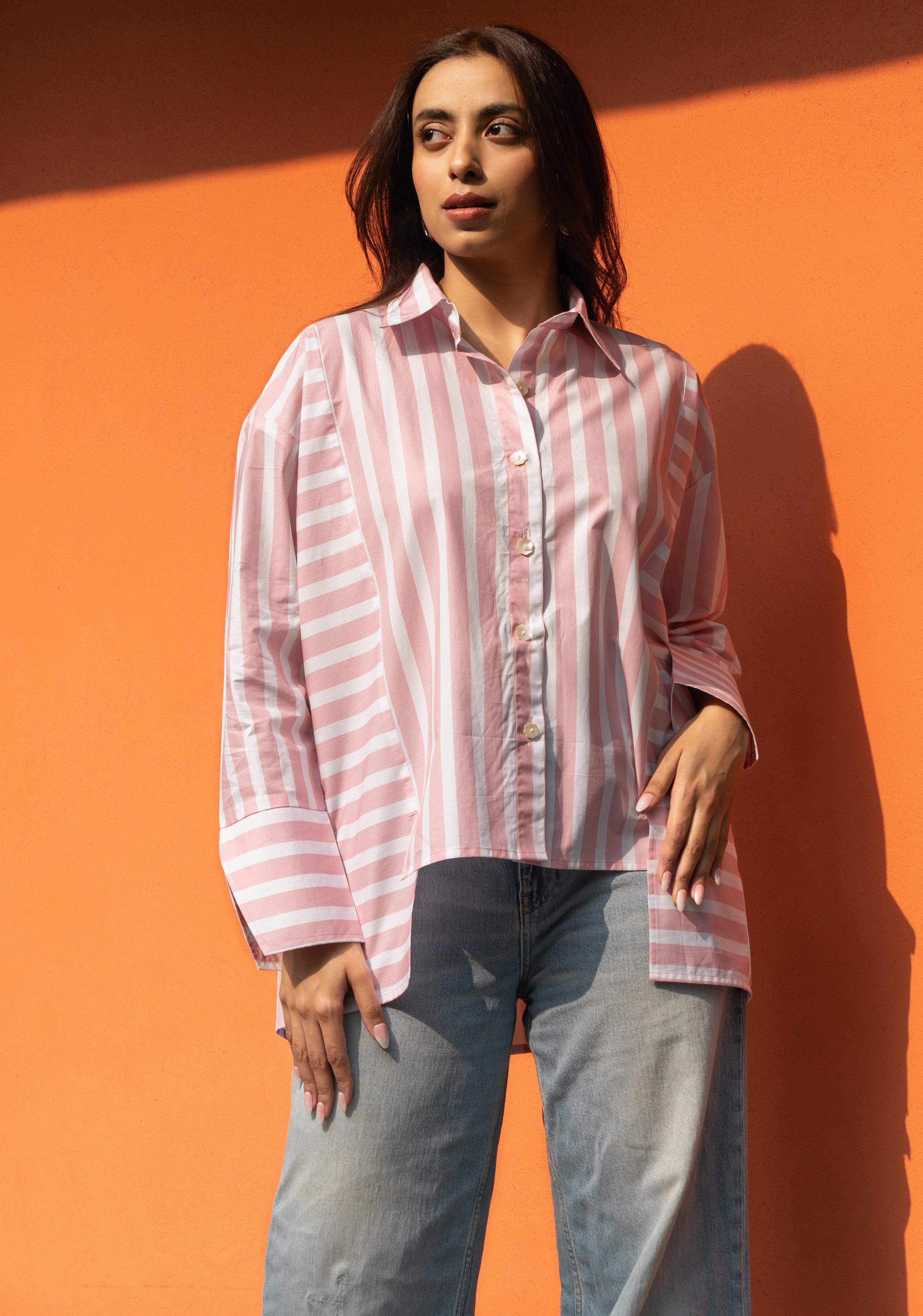 Women's Baby Pink Broad Stripe Pure Cotton Oversized Shirt - GulaboSitabo