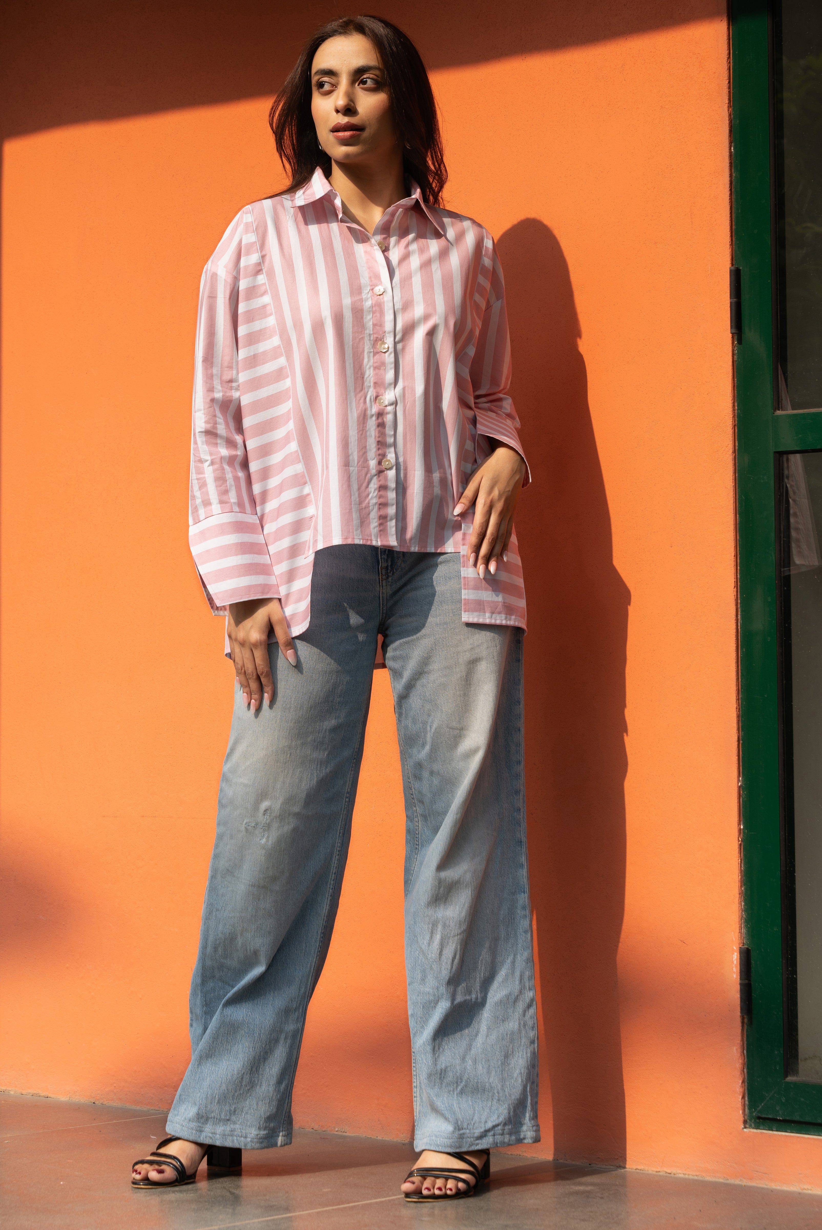 Women's Baby Pink Broad Stripe Pure Cotton Oversized Shirt - GulaboSitabo