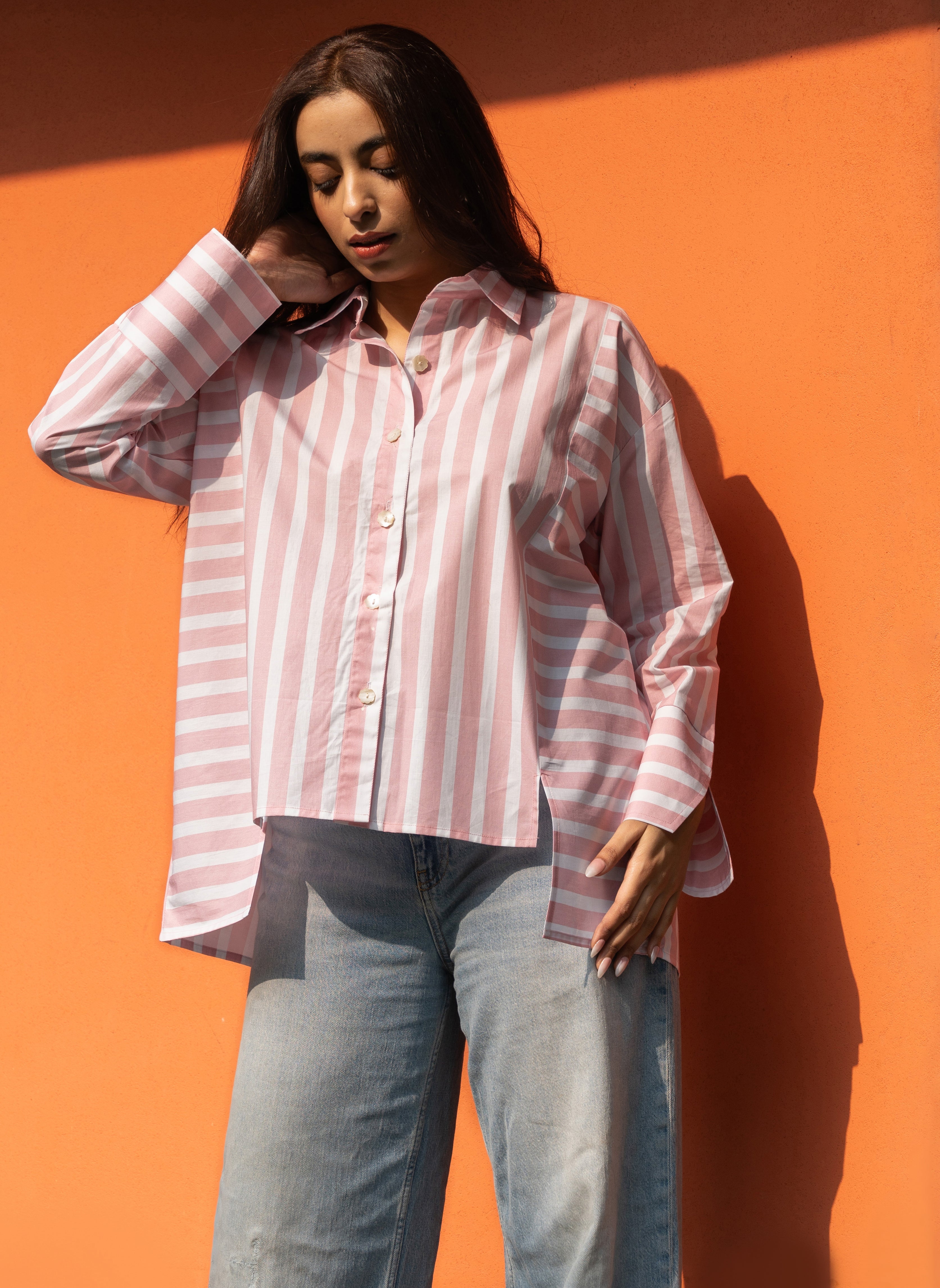 Women's Baby Pink Broad Stripe Pure Cotton Oversized Shirt - GulaboSitabo