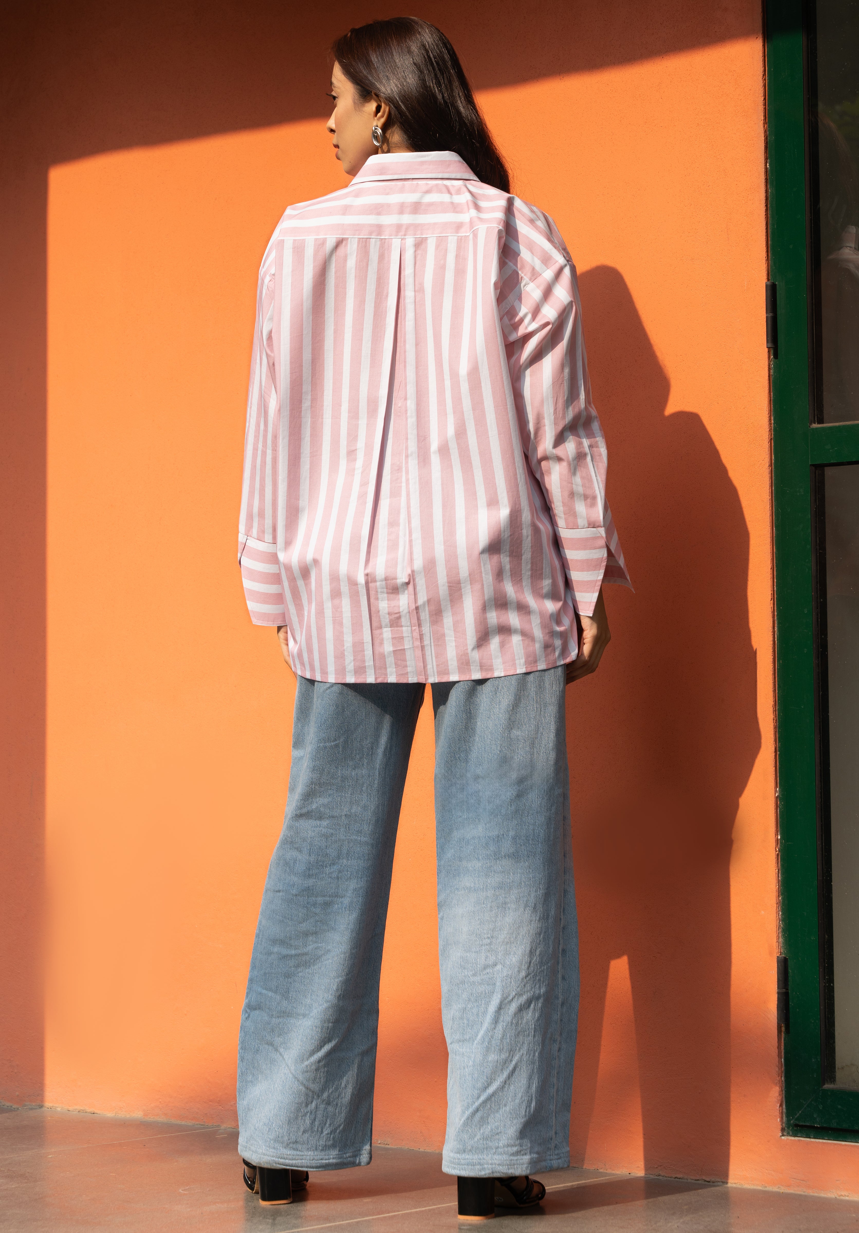 Women's Baby Pink Broad Stripe Pure Cotton Oversized Shirt - GulaboSitabo